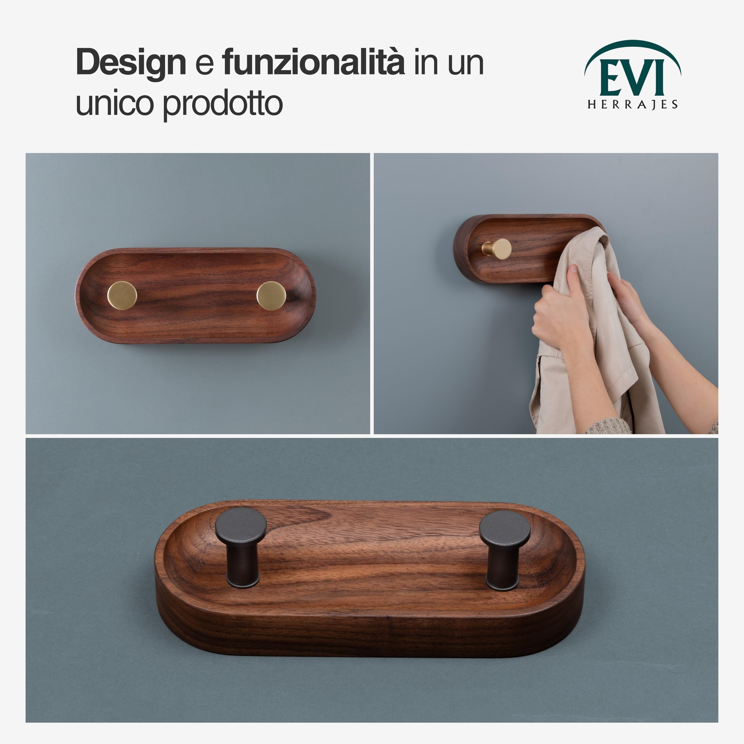 EVI Herrajes | Appendiabiti da parete | 2 ganci | Legno massello di noce | Ganci in ottone satinato | Kit di montaggio incluso | Mod. Cova 2CNOLMT