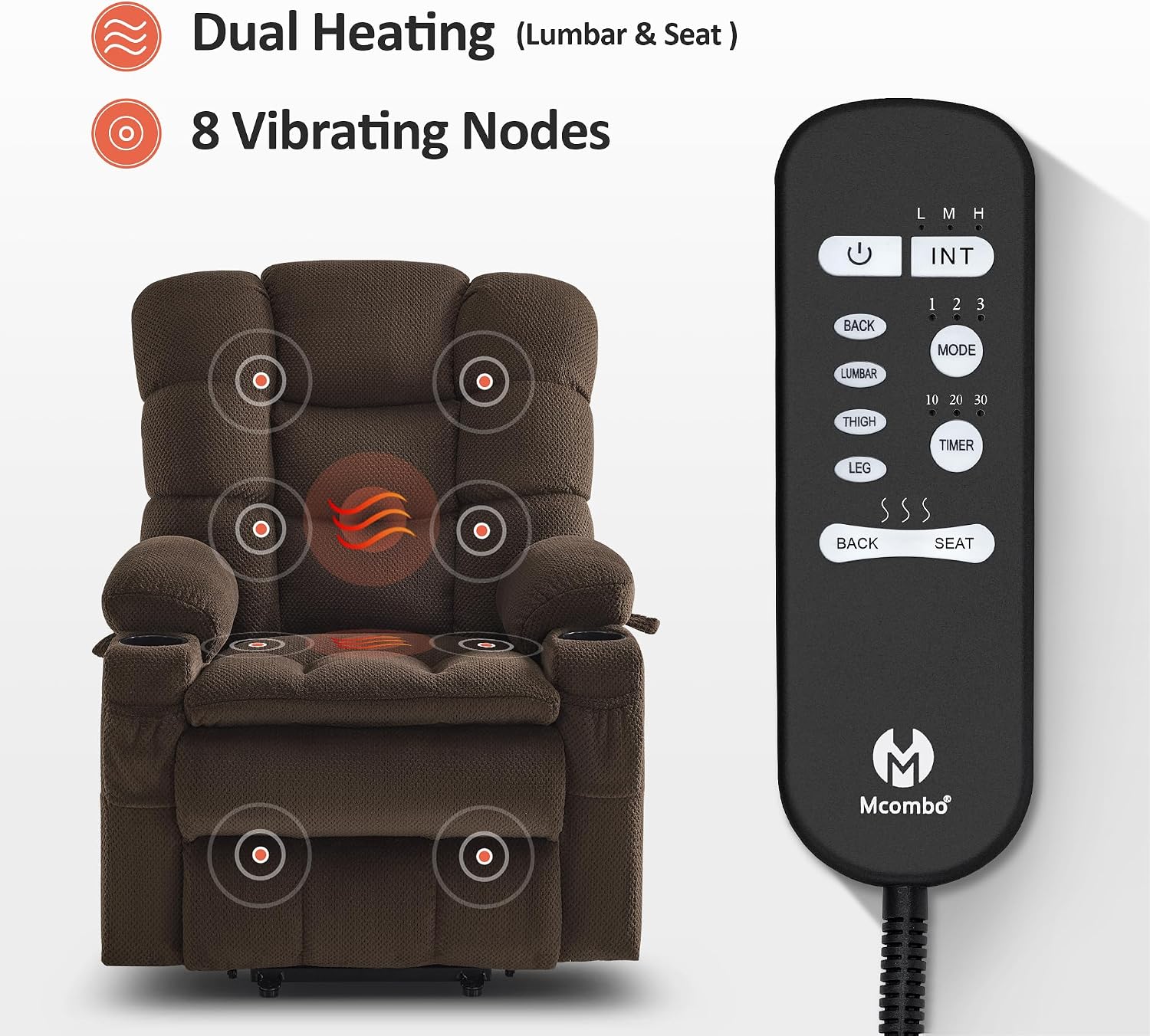 Diagram of the secondary remote control for massage and heat functions, showing buttons for intensity, mode, timer, and specific body zones