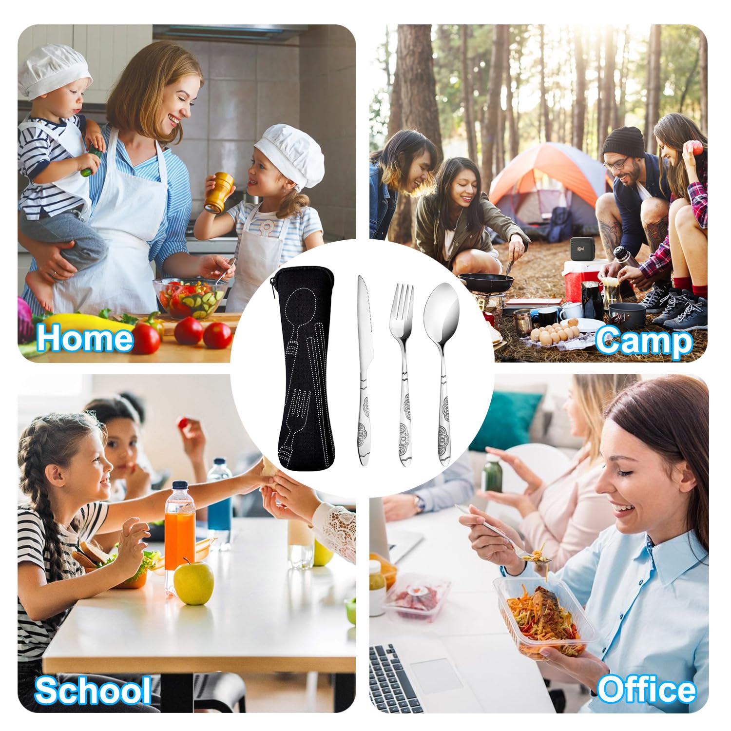 3 Pezzi Posate con Custodia Portatile, Set di Posate Acciaio Inox con Coltello Forchetta Cucchiaio per Viaggi Campeggio Picnic Ufficio Scuola