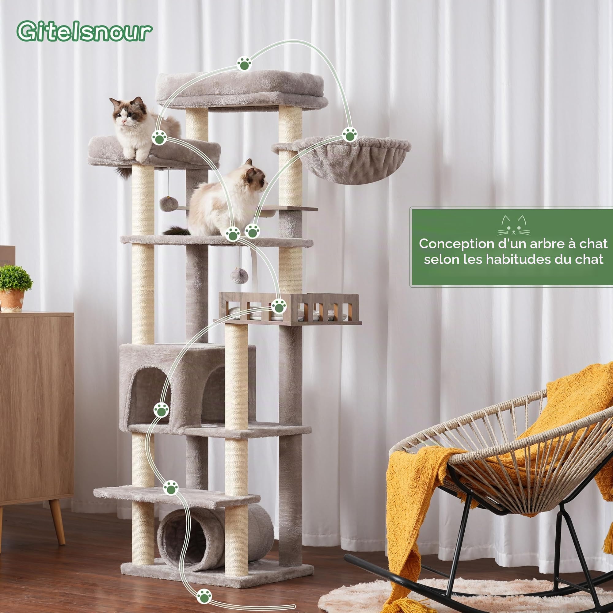 Gitelsnour Arbre à Chat avec Station d’Alimentation et Plateforme en Bois, Arbre de 167 cm avec Tunnel et Niche pour Chat, 11 poteaux à griffer en sisal, Plateforme supérieure, Gris Clair GCT021W