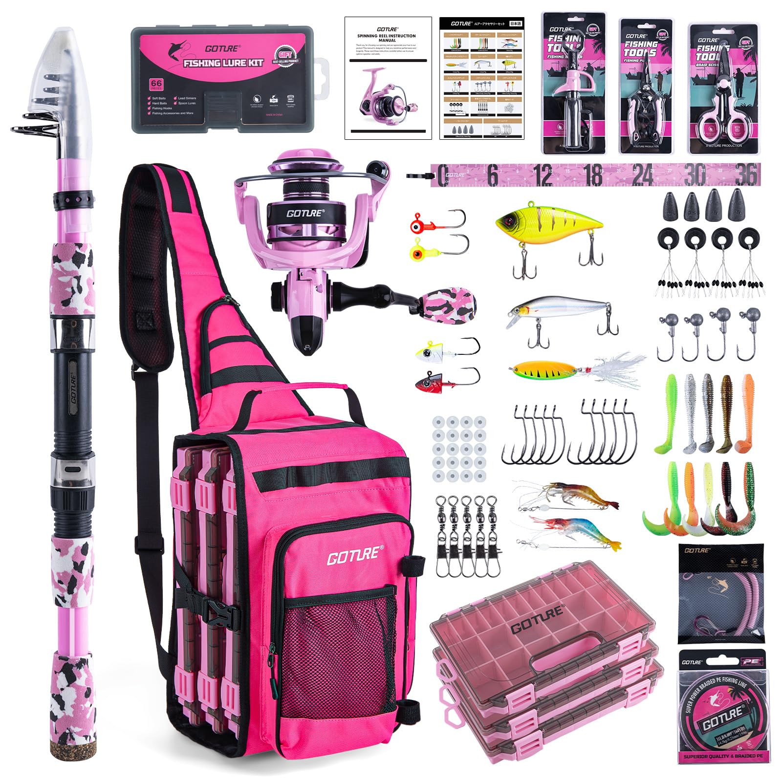 Goture Pink Fishing Rod and Reel Combos with 12L Sling Bag, Telescopic Pole Spinning Reel Lures 3 Tackle Boxes Set, Telescopic Fishing Rod Fishing Kit for Travel Saltwater Freshwater 2.1M A1