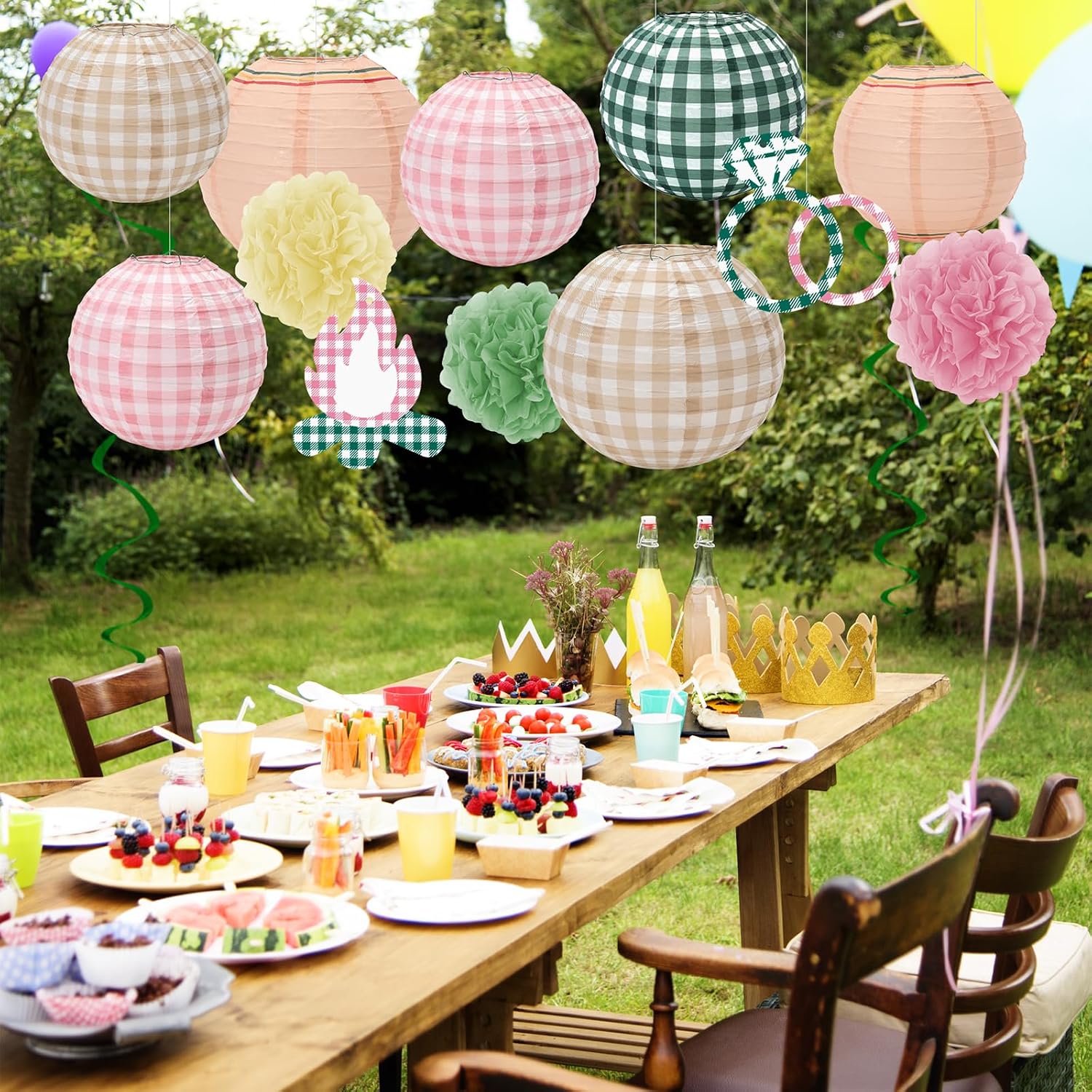 JarThenaAMCS 18 Pcs Camp Bachelorette Decoration Pink Green Gingham Lanterns with Tissue Pom Pom Hanging Swirls for Summer Bachelorette Wedding Bridal Engagement Outdoor Party