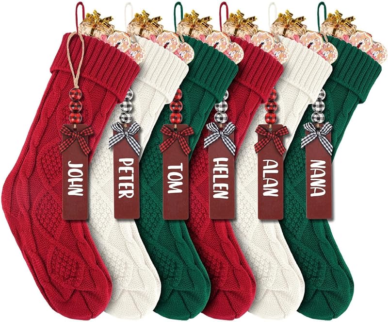 Paquete de 6 medias navideñas tejidas con cable de 18 pulgadas, medias colgantes personalizadas para fiestas navideñas, árboles de Navidad y decoración del hogar familiar en rojo, blanco, verde