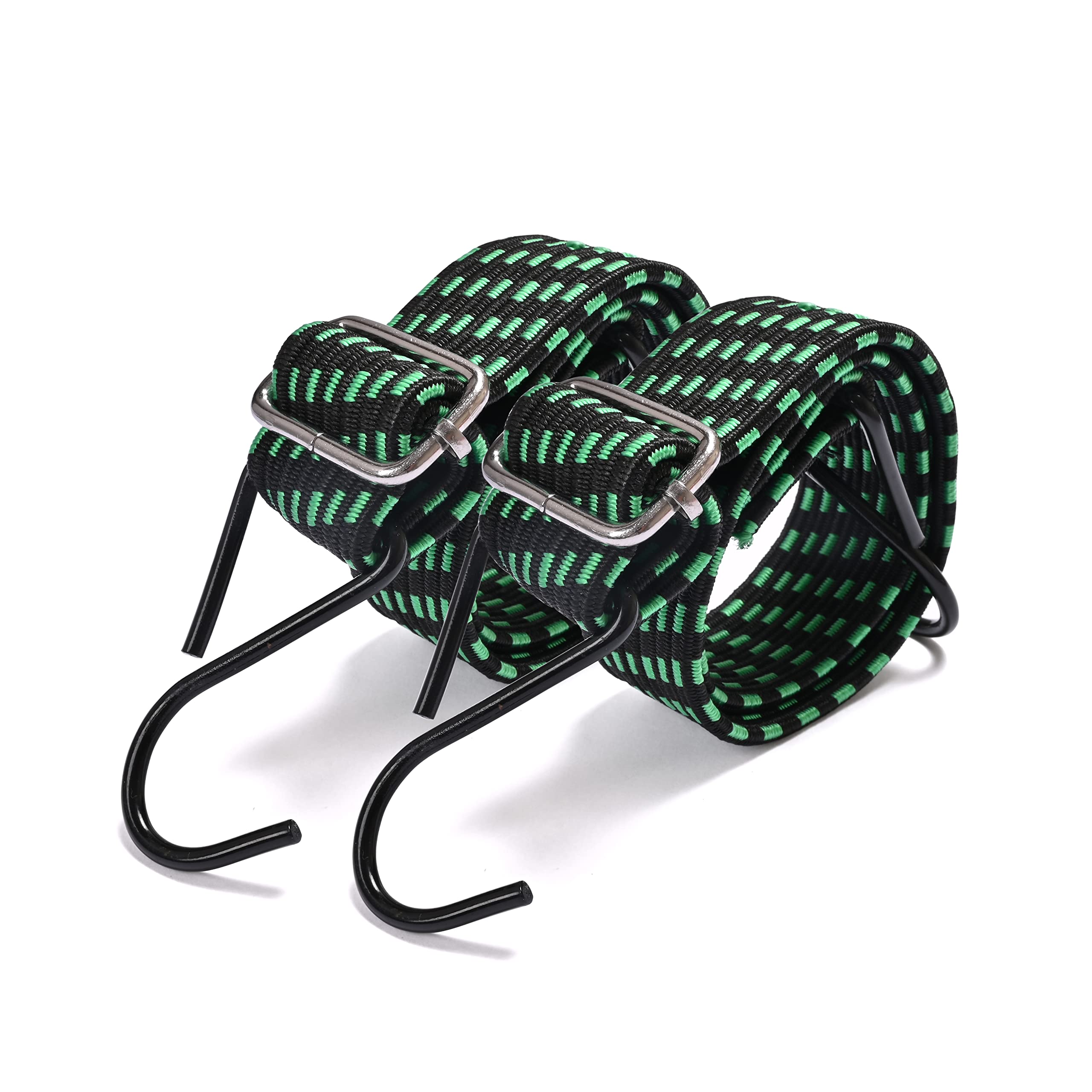 Yorkmills Green Bungee Cords With Hooks, 2Pack Adjustable Bungee Cord Extra Long Flat Elasticity Rope Heavy Duty Rubber Elastic Straps With Adjustment Metal Buckle For Luggage Camping Gardening Moving Cargo