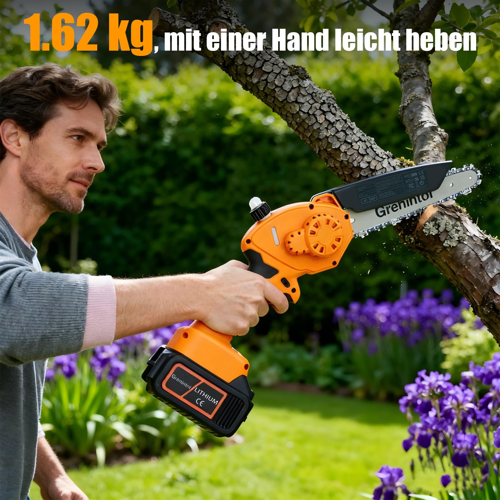 Mini Motosega 8 Pollici, Motosega a Batteria con 2×3000mAh, Motosega Elettrica 1000W Brushless, Sega a Catena a Una Mano, Lubrificazione Automatica, per Potatura, Giardino e Legno
