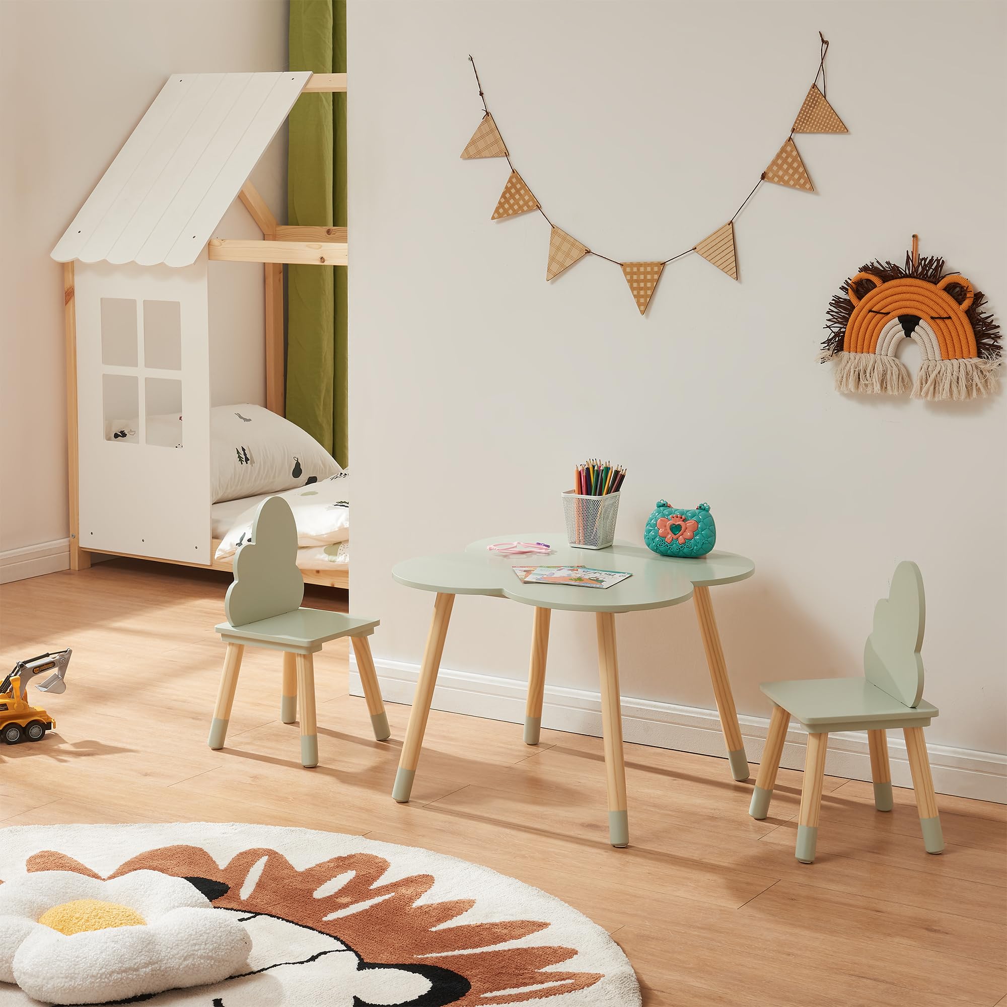[en.casa] Set di 3 Mobili per Cameretta Tavolino e 2 Sedie con Schienale Tavolo a Forma di Nuvola a Misura di Bimbi per Area Gioco Bambini - Verde Menta/Naturale