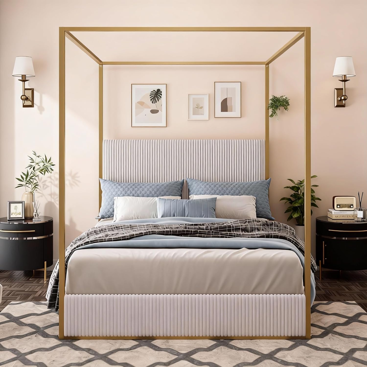Queen Size Metal Canopy Bed with Tall Upholstered Channel Headboard and Gold 4 Poster, No Box Spring Needed (Beige+Gold, Queen)