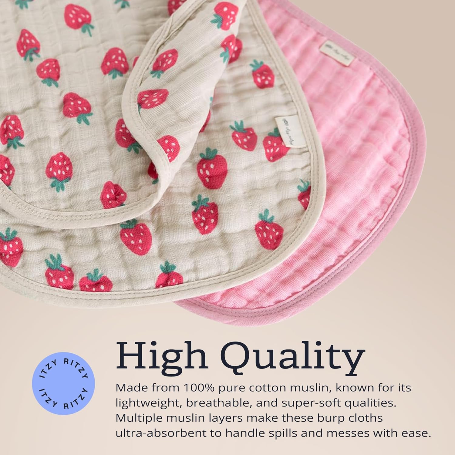 Itzy Ritzy Set of 2 Baby Burp Cloths – Ultra-Soft Absorbent Burping Cloths for Babies - Made of 100% Cotton Muslin and Generously Sized with Trendy Coordinating Prints – Machine Washable (Strawberry) - Image 5