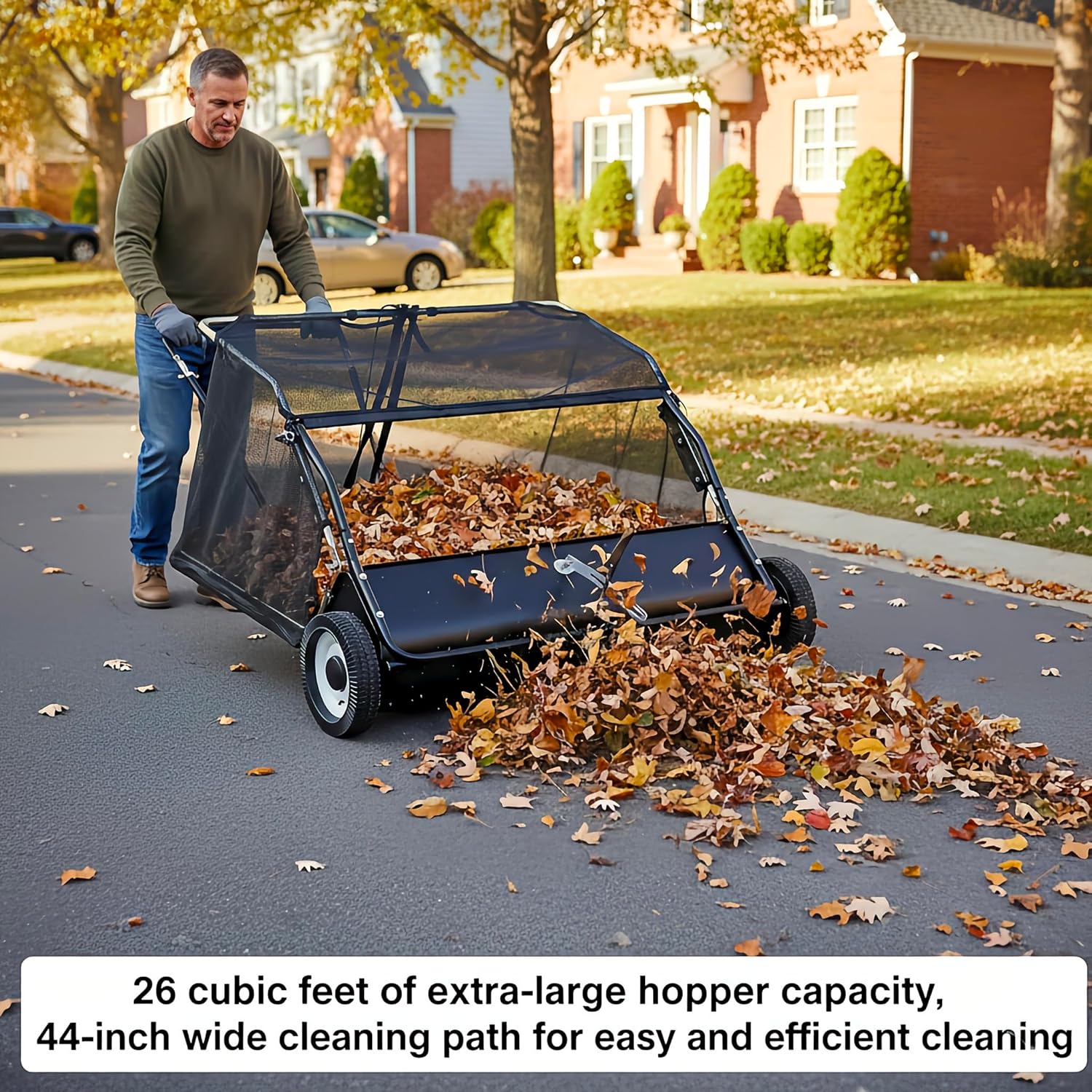 44 Inch Tow-Behind Lawn Sweeper, Pull Behind Lawn Sweeper, 25 cu. ft Large Capacity, Leaf & Grass Collector with Adjustable Sweeping Height for Yard, Lawn, Farm