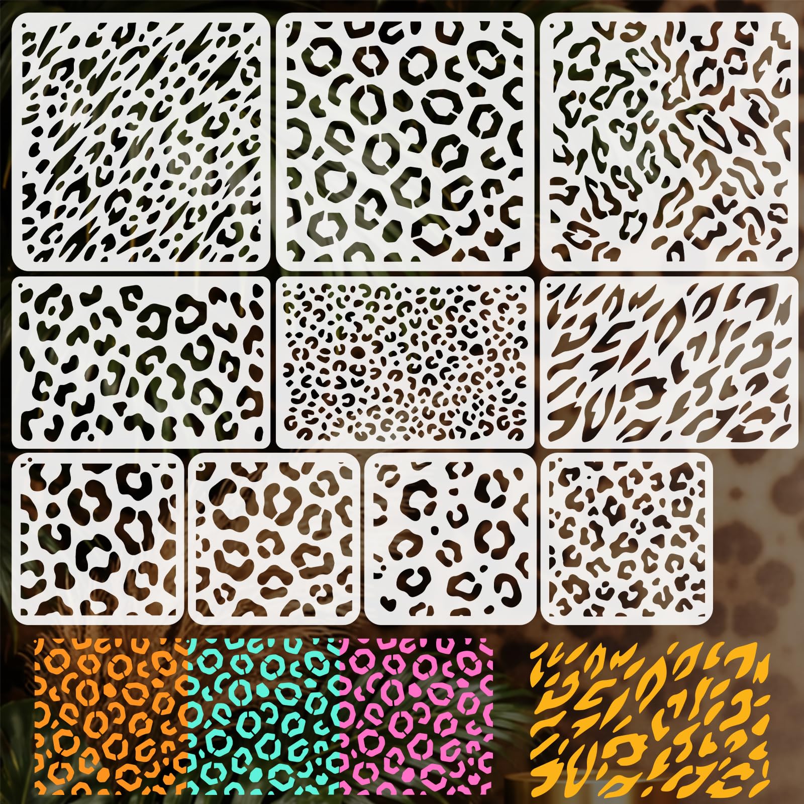 ORIGACH 10 PCS Large Leopard Stencil for Painting, Leopard Stencils for Walls, Reusable Plastic Template for Wood Fence Outsides Door Furniture Fabrics DIY Decor