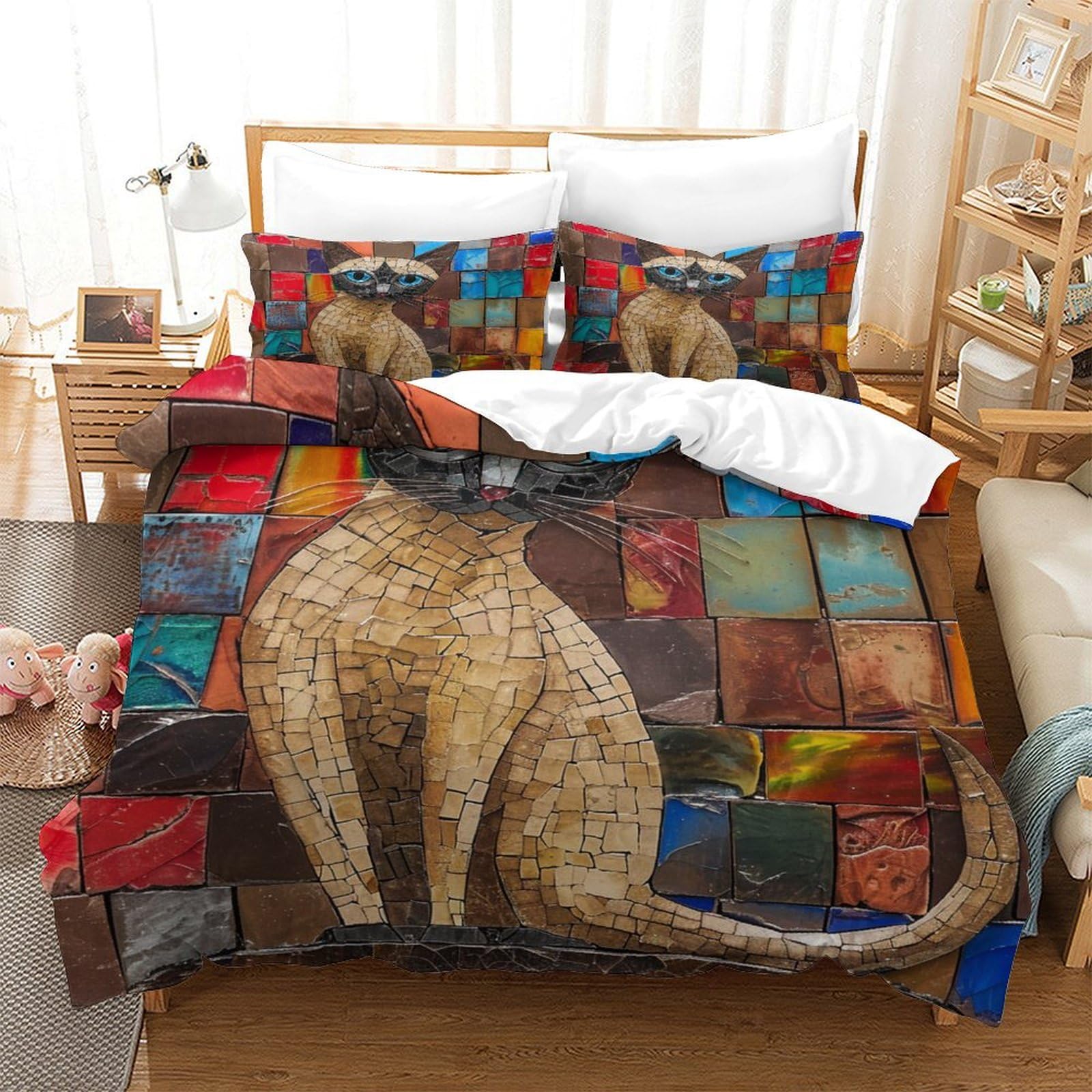 Housse de couette 140x200 chat siamois avec taie d'oreiller, parure de lit microfibre douce