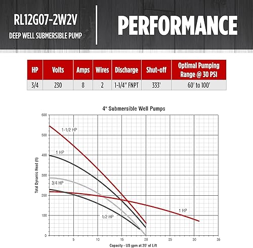 Miniatura 7 de Red Lion RL12G07-2W2V Bomba sumergible de pozo profundo de 4 pulgadas, 34 HP, 12 GPM 2 cables, 230 voltios, acero, 14942403