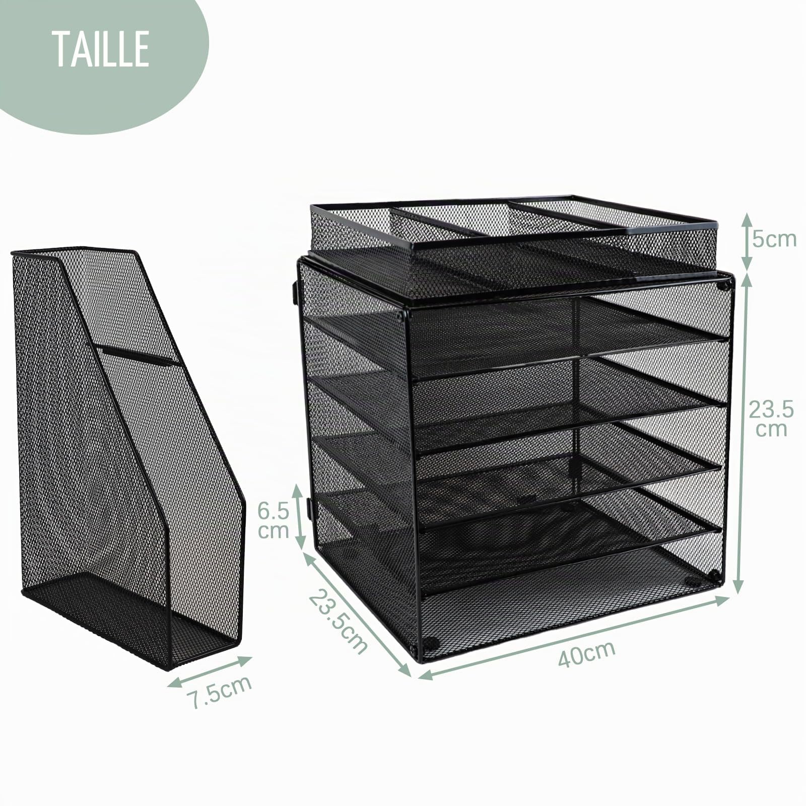 Organiseur de bureau à 5 niveaux avec trieur de fichiers vertical supplémentaire, bac à courrier avec support de tiroir pour papeterie, plateaux de classement de bureau A4, porte-magazines et