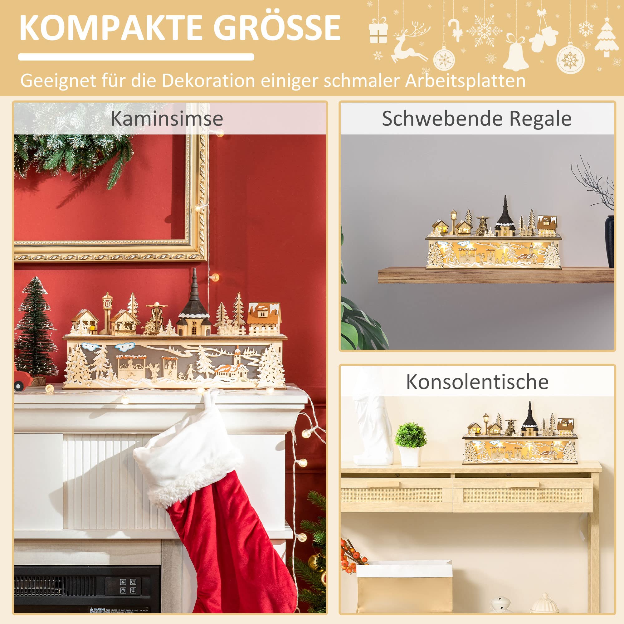 HOMCOM Weihnachtsdorf mit LED Beleuchtung Winterdorf Innen Beleuchtet | Holz, Weihnachtsdeko, Weihnachtsstadt, Weihnachtshaus, Deko, Tischdeko