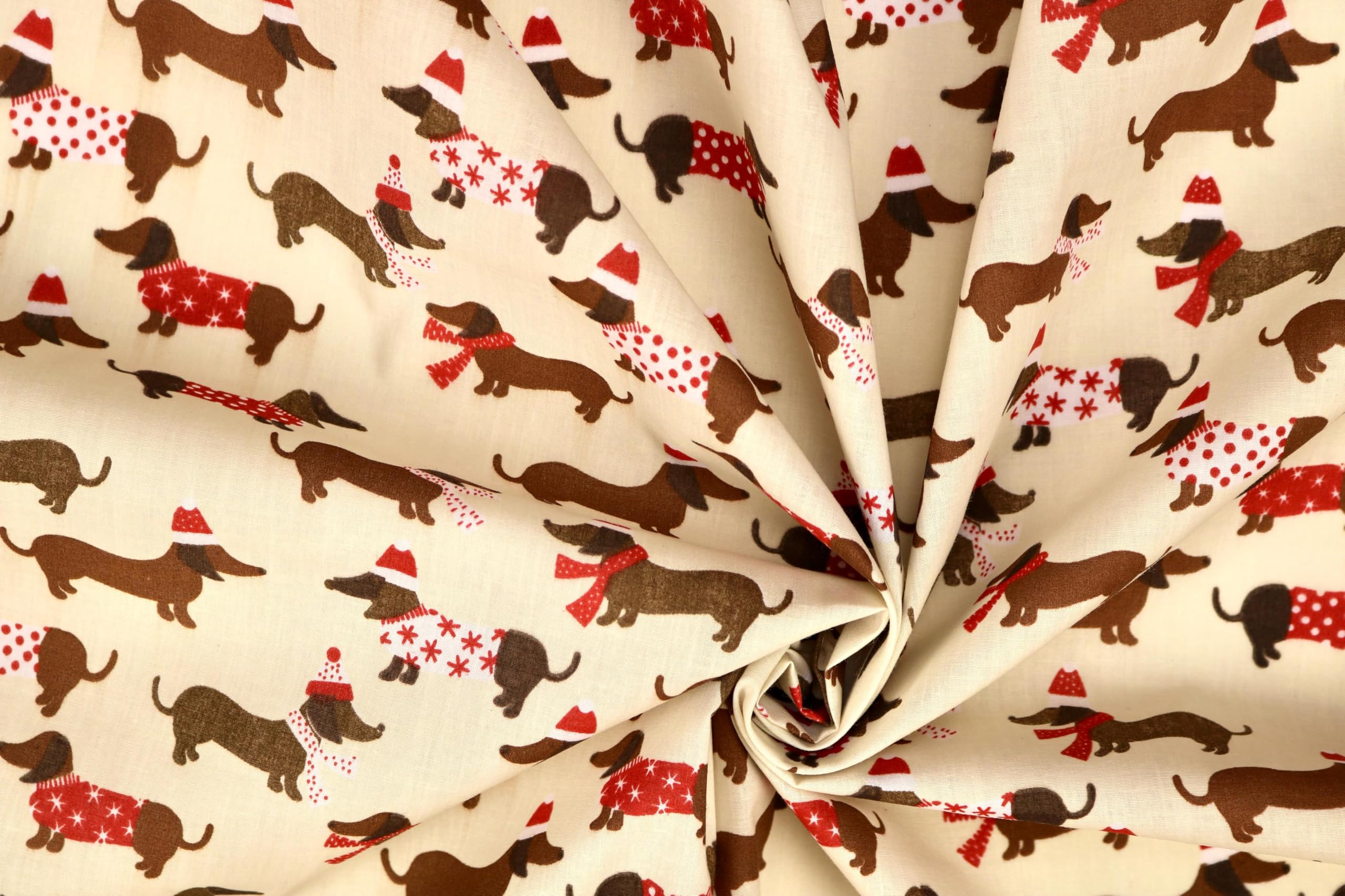 Pyrhan Printed Polycotton Fabric – 45" Wide Sewing Material by The Metre – Quilting, Dressmaking, Craft & Home Décor – Christmas, Animal, Stripes, Music & More (Christmas Dachshund Print)