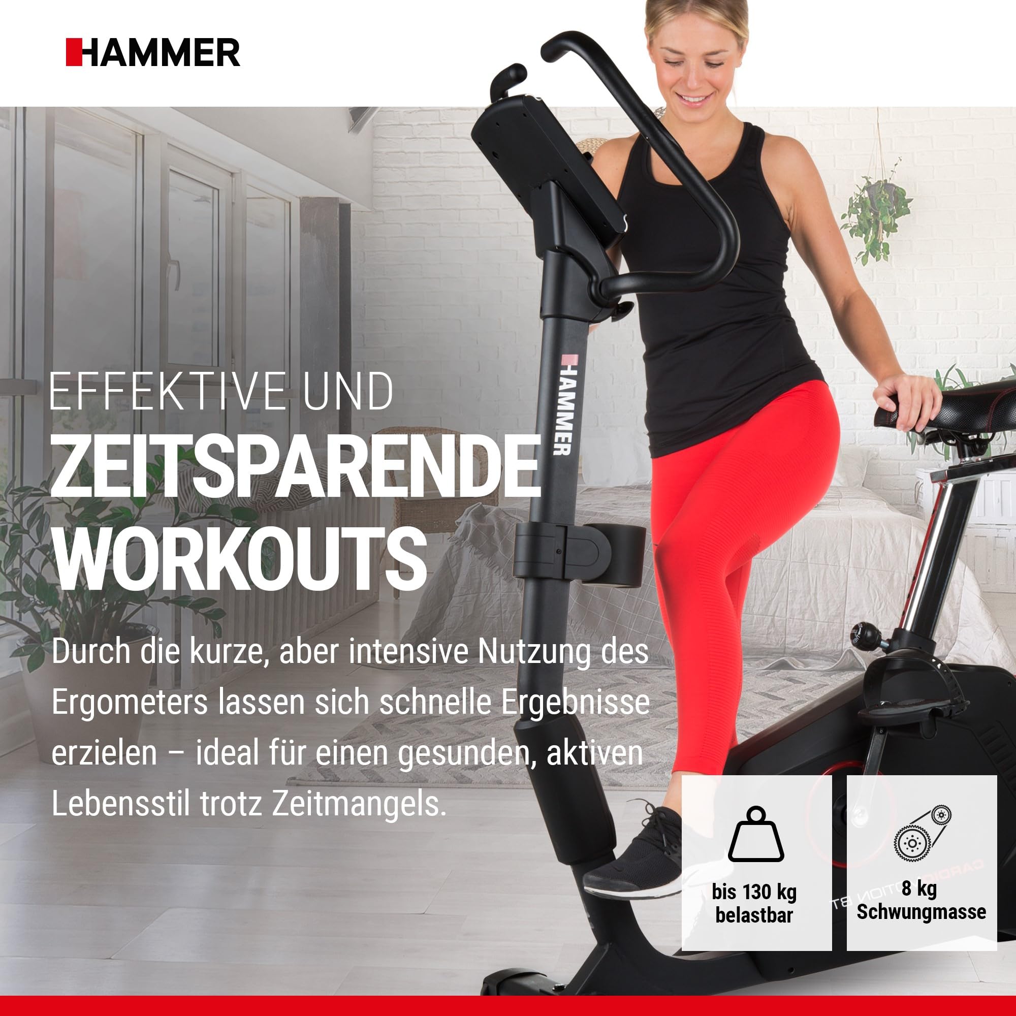 HAMMER Ergometer Cardio Motion BT, leises Fitnessfahrrad mit tiefem Einstieg und Comfort-Sattel, geeignet als Heimtrainer für Senioren, Bluetooth und App-Steuerung, Tablethalterung, 110 x 52 x 140 cm