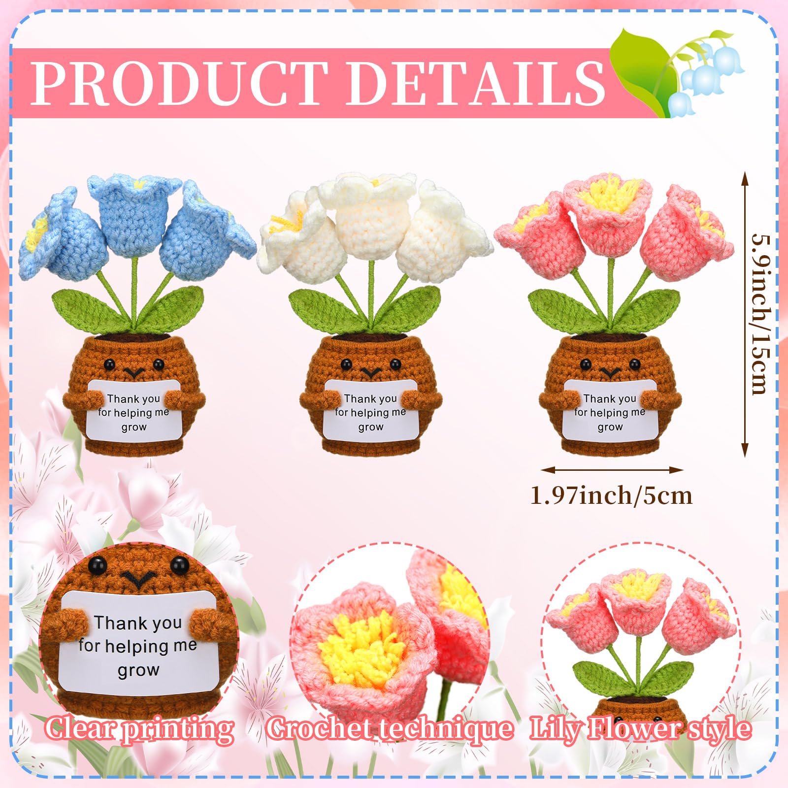 3 Pcs Handmade Crochet "Thank You For Helping Me Grow" Teacher Gift - Positive Flower Plant Dolls