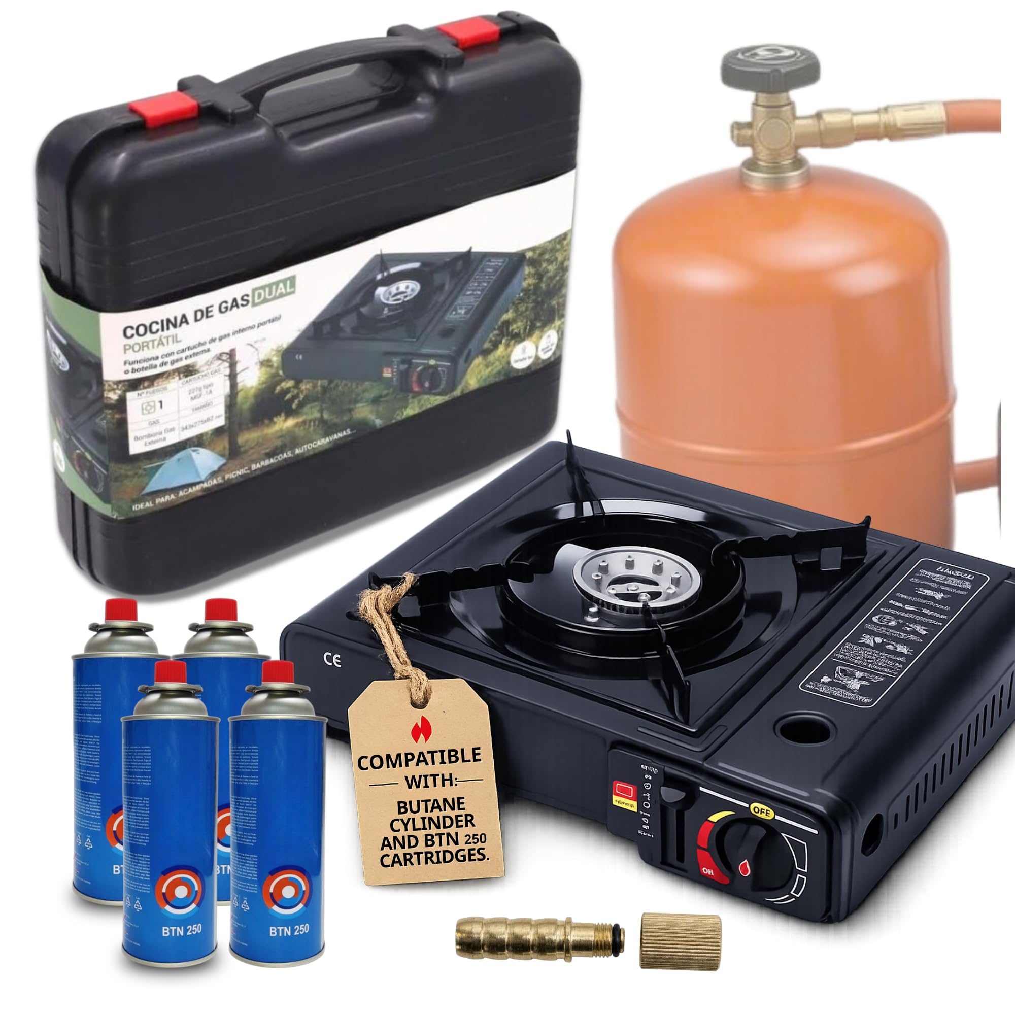 Camping Gas Portatil con adaptador de Bombona + 4 Cartuchos, Pack Hornillo + 4 Cartuchos, Hornillo Camping Gas Portátil, Cocinal, Infernillo, Fogareiro