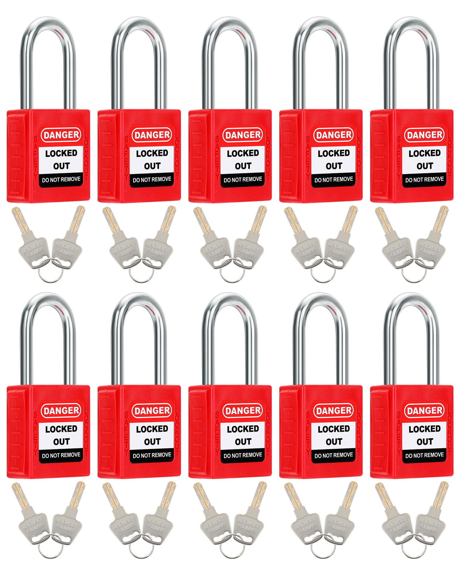 Holulo Red Safety Lockout Padlock, 10 Padlocks With 20 Keys Different, Outdoor/Gym/Electrical Safety Padlock Weatherproof Steel Shackle, Loto Tag Tagout Lock