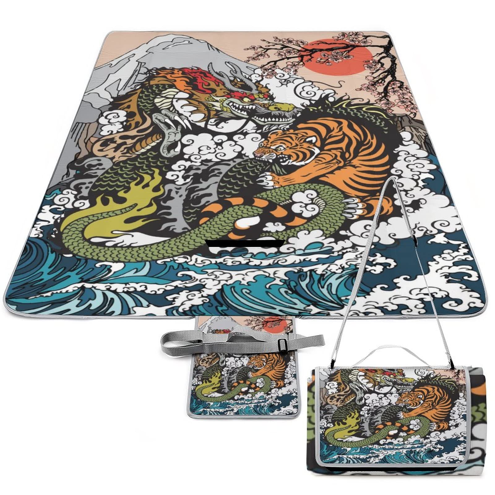 Japan Anime Dragon Hand Waterproof Foldable Picnic Blanket Painted Japanese Wave Fuji Mountain Dragon Tiger for The Beach Camping on Grass Waterproof Sandproof 58.3x58.3 Inch