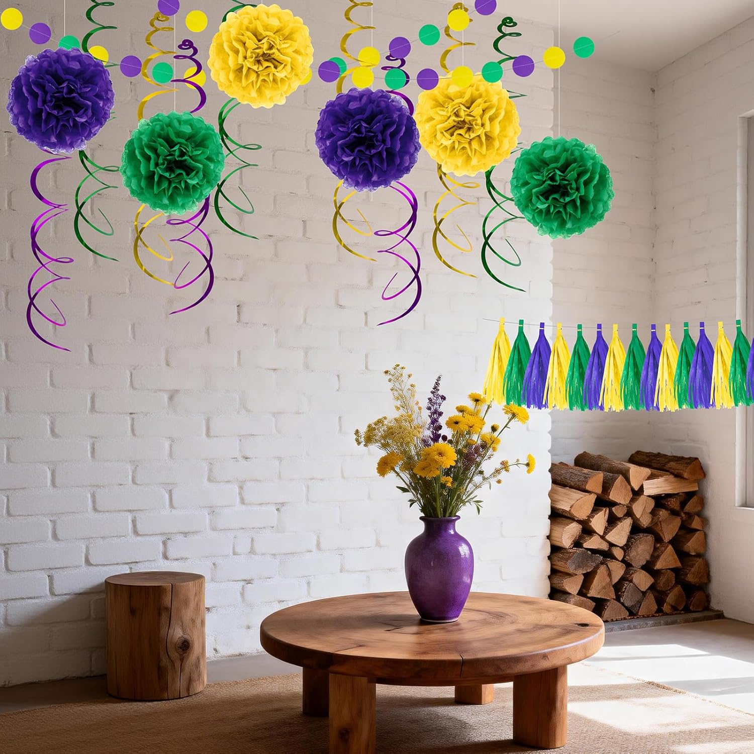 32-Piece Mardi Gras Decorations Set - Tissue Paper Pom-Poms, Tassel Garland, Circle Garland, Hanging Swirl Decorations for Party Backdrop - Image 6