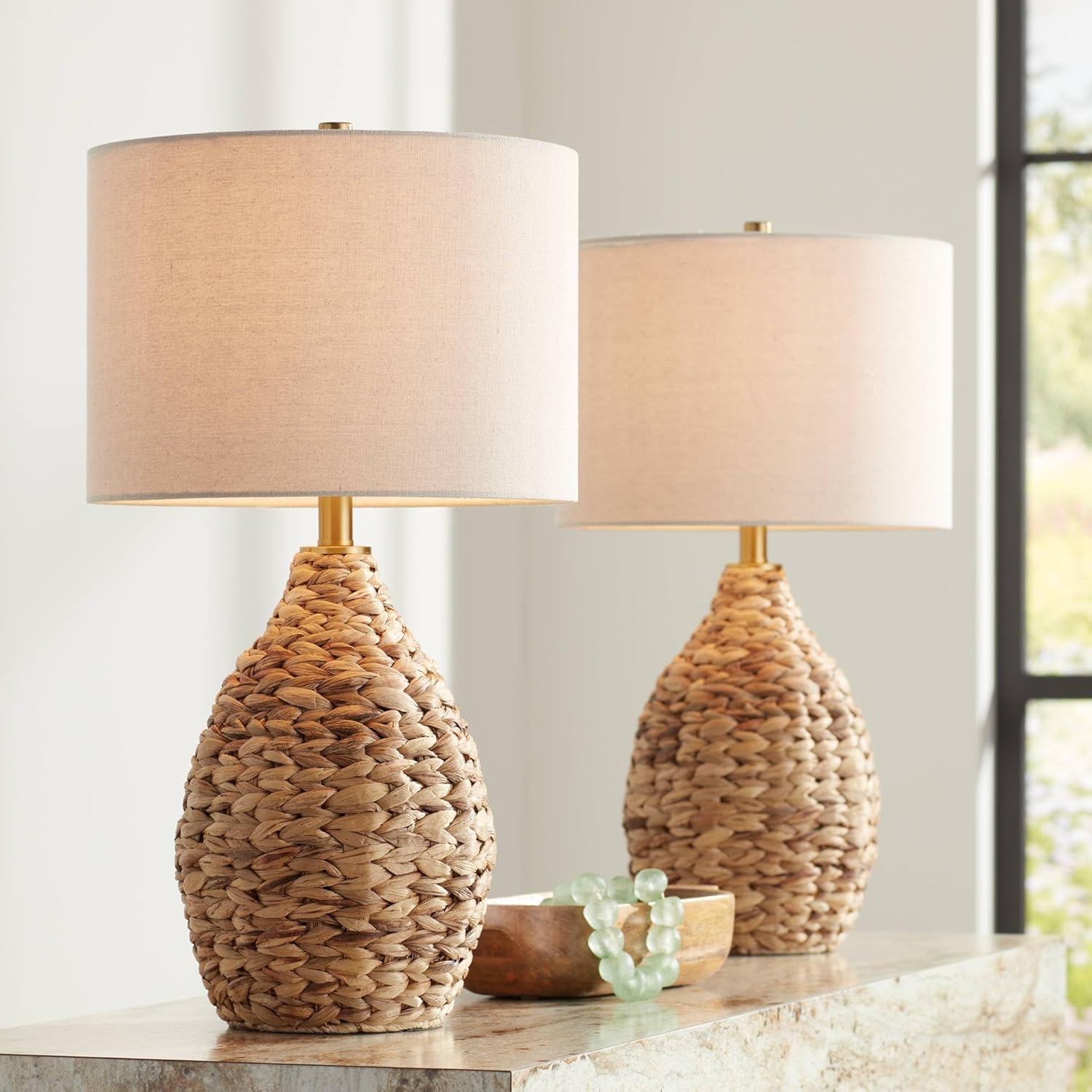 360 Lighting Corona 25 1/2" High Coastal Farmhouse Rustic Natural Cottage Table Lamps Set of 2 Woven Reed Off-White Shade Living Room Bedroom Bedside Nightstand House Office (Colors May Vary)