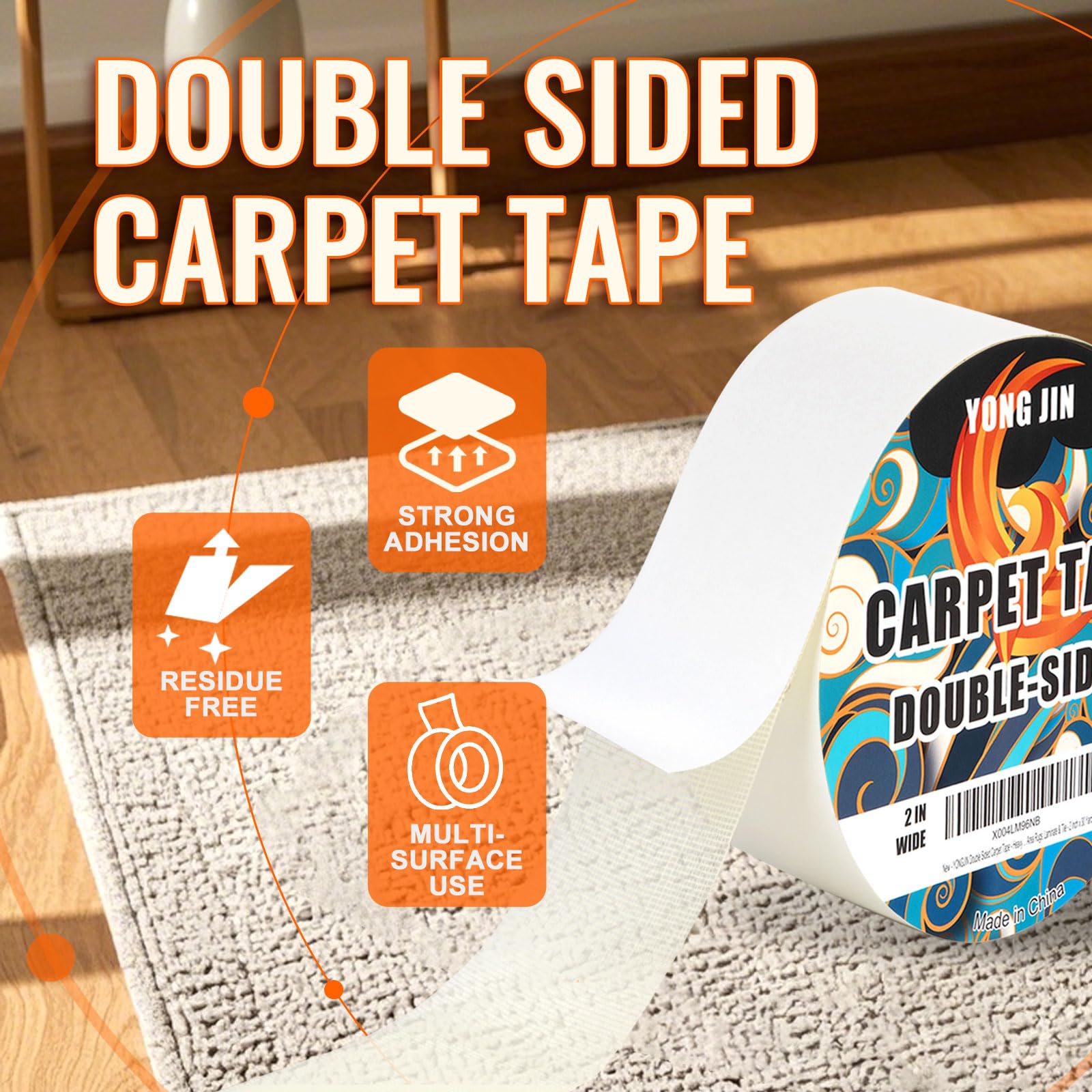 YONGJIN Double Sided Carpet Tape - Heavy Duty Rug Tape Gripper for Hardwood Floors No Damage, Secures Area Rugs, Laminate & Tile (2 Inch x 30 Yards)