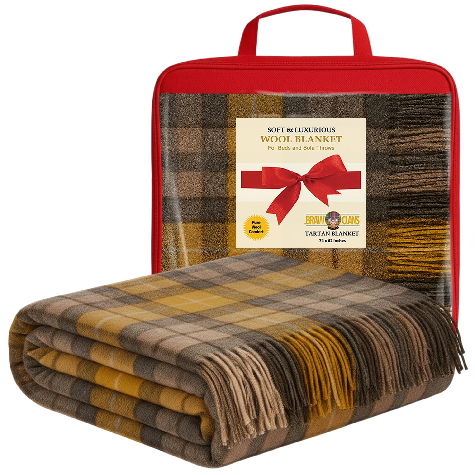 Couvertures luxueuses en laine à motif tartan pour lits - Tartan Naturel Buchanan - Grand 188x157 cm, bords frangés - Plaid écossais doux et douillet - Cadeaux pour la Fête des Mères et mariages
