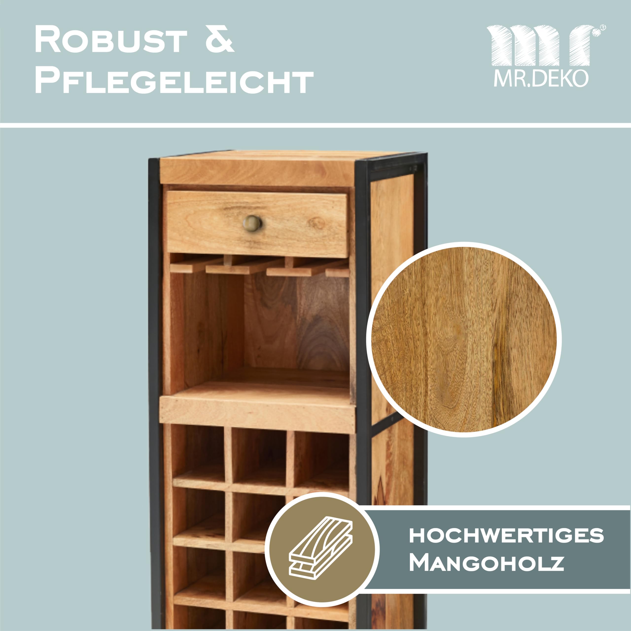 MR. DEKO® Exklusive Wein Kommode aus Mango Holz | Weinschrank mit Stauraum & Hängeeinsatz | Industrial Look Bar Regal | (Wein) Flaschen-Regal für 12 Flaschen | Vintage Design | 51x40x120cm