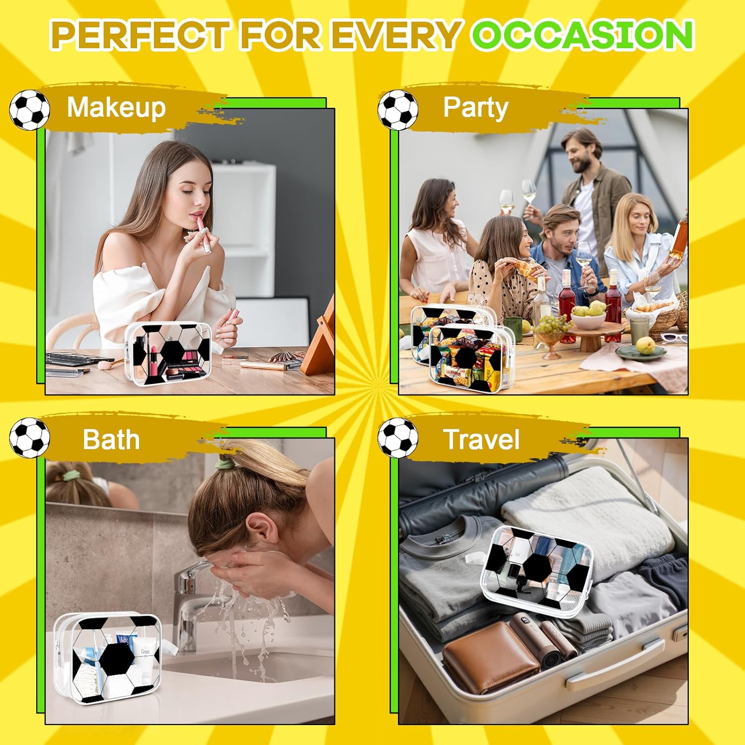 14PCS Soccer Clear Cosmetic Bag Set, Waterproof PVC Travel Makeup Organizer with Zipper,Toiletry Pouch, Goodie Snack Bags for Girls Team Players,Soccer Gift Accessories