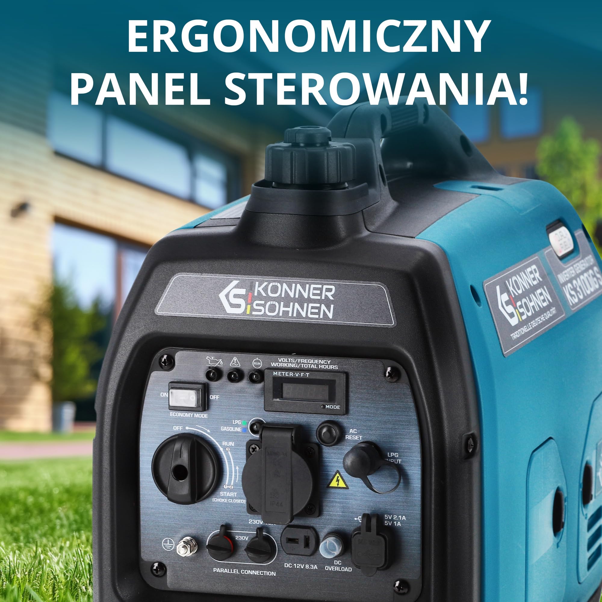 Generator inwertorowy gazowo-benzynowy KS 3100iG S Könner & Söhnen agregat prądotwórczy 3100W, Schuko 230 В, 2 porty USB, Wyświetlacz LED, tryb ECO, uzwojenia miedziane, generator prądu.