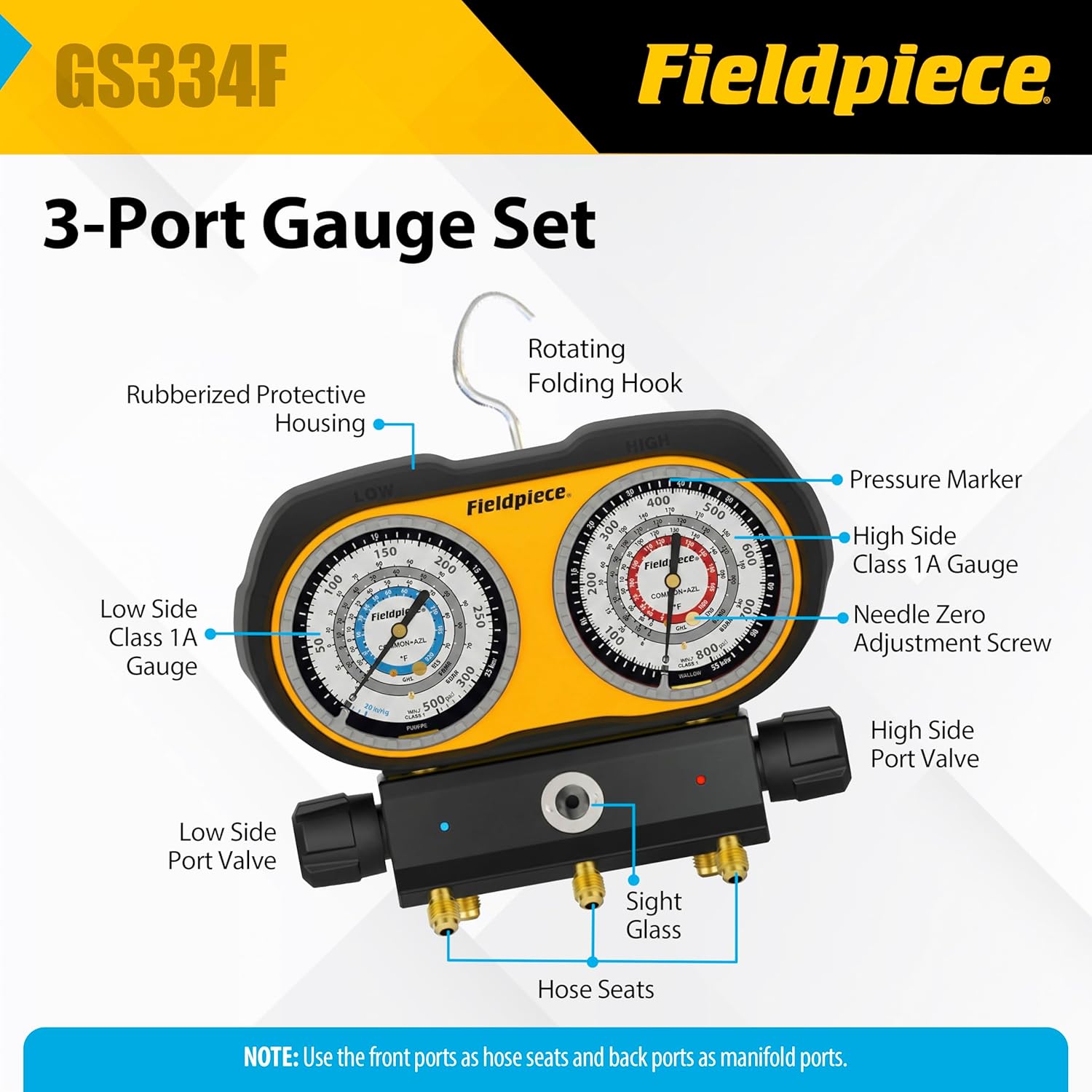 Fieldpiece GS334F 3-Port Analog Gauge Set – HVACR Refrigerant Manifold with Sight Glass, Swappable Hose Holders & High-Grip Knobs – Reliable Field Diagnostics