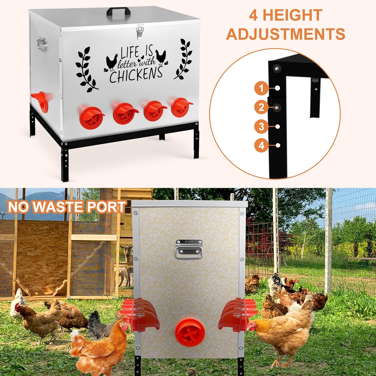 Chicken Feeder Metal, 95LB Large Chicken Feeder with 10 No Waste Feeding Ports, Galvanized Chicken Feeders with 4 Adjustable Legs & Locking Lid