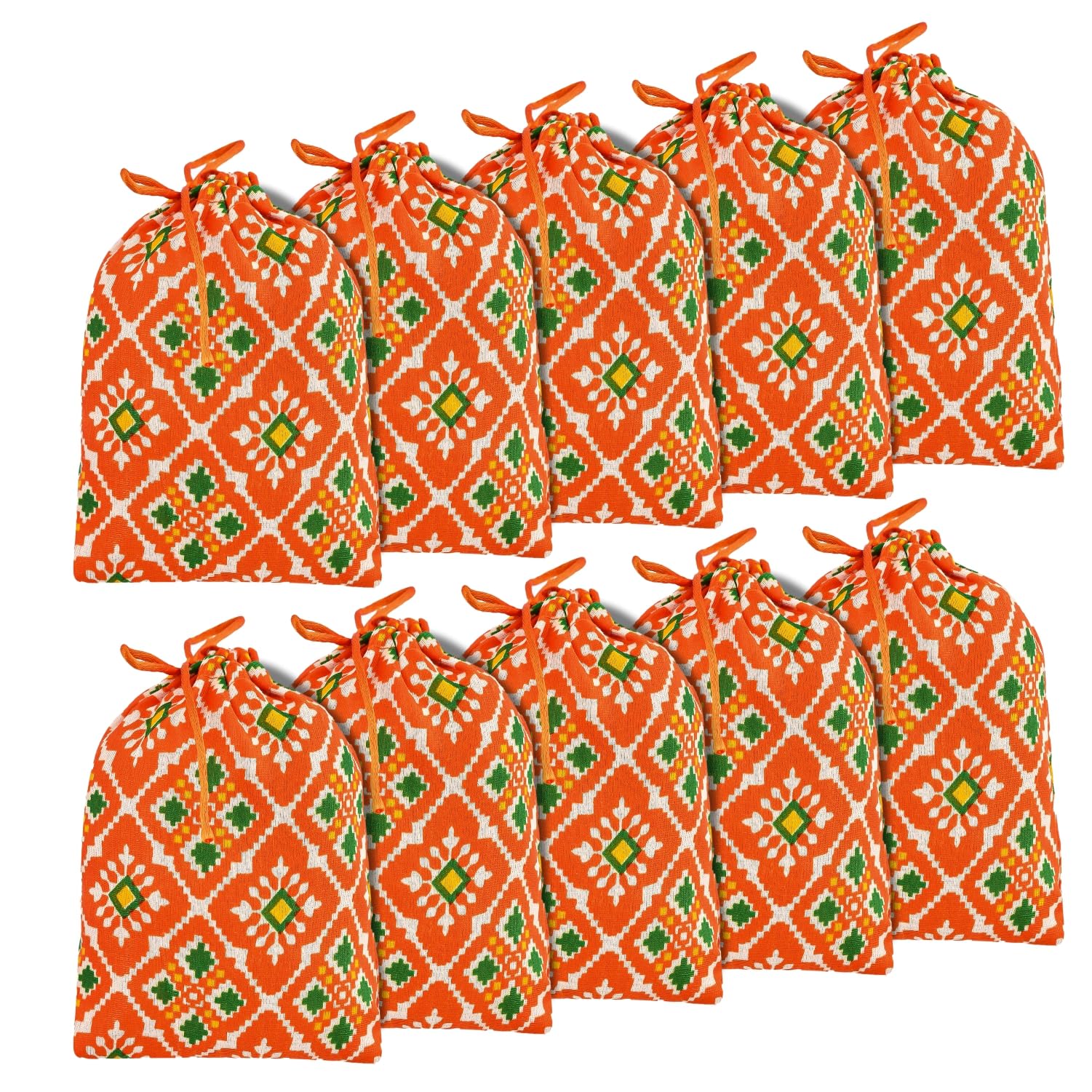 Kuber Industries Potli | Silk Wedding Potli | Drawstring Closure Potli | Wallet Potli | Christmas Gift Potli | Baby Shower Potli | Small-Patola-Print Potli | 5x7 Inch | Pack of 10 | Orange-picture-55