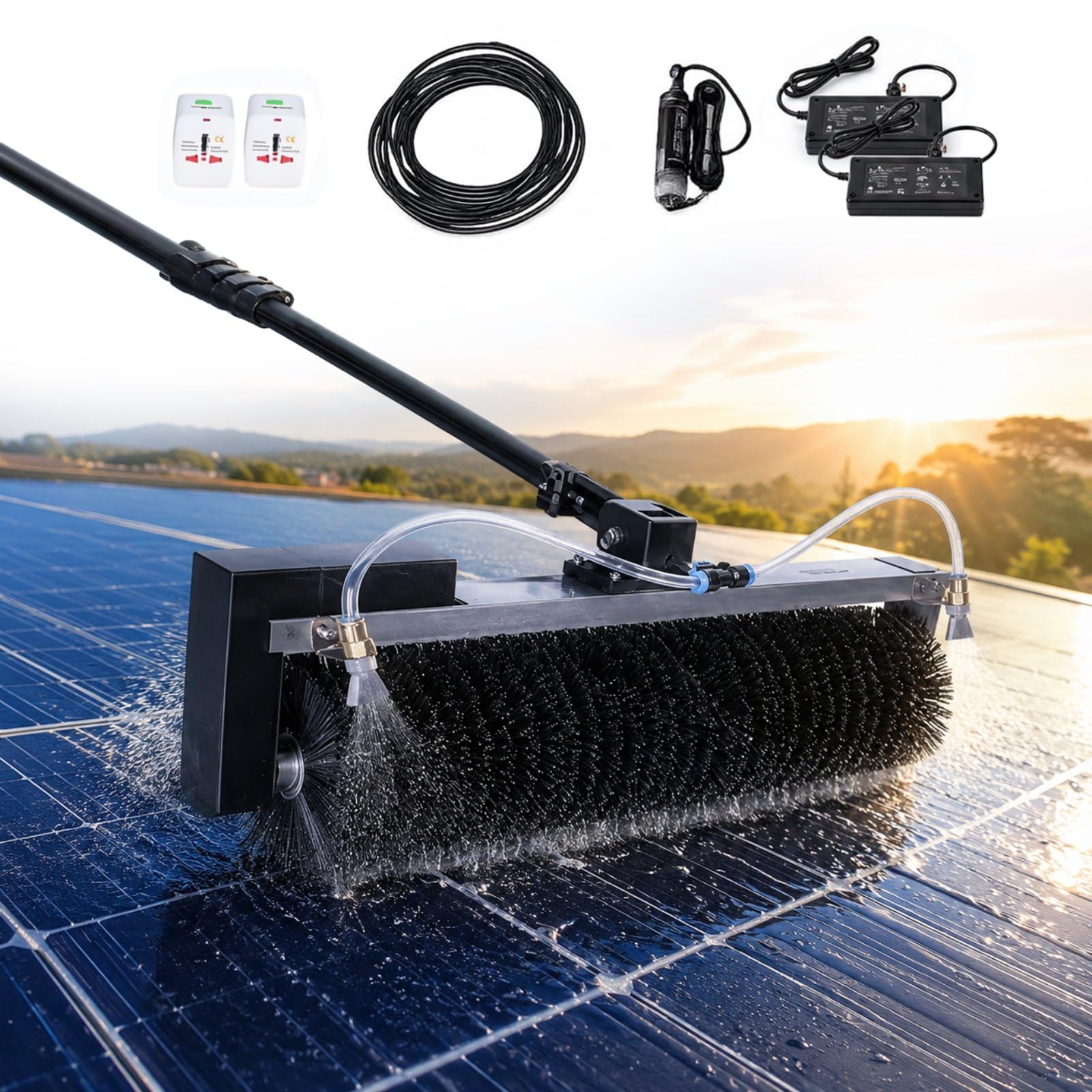 HCAUYNN Telescopic Solar Panel Cleaning Brush Kit, 60cm Wide Brush Head, Rotating Nylon Bristles, Pump with 10m Hose, Splash Guard for Residential and Commercial Solar Panels 7.5m/25ft