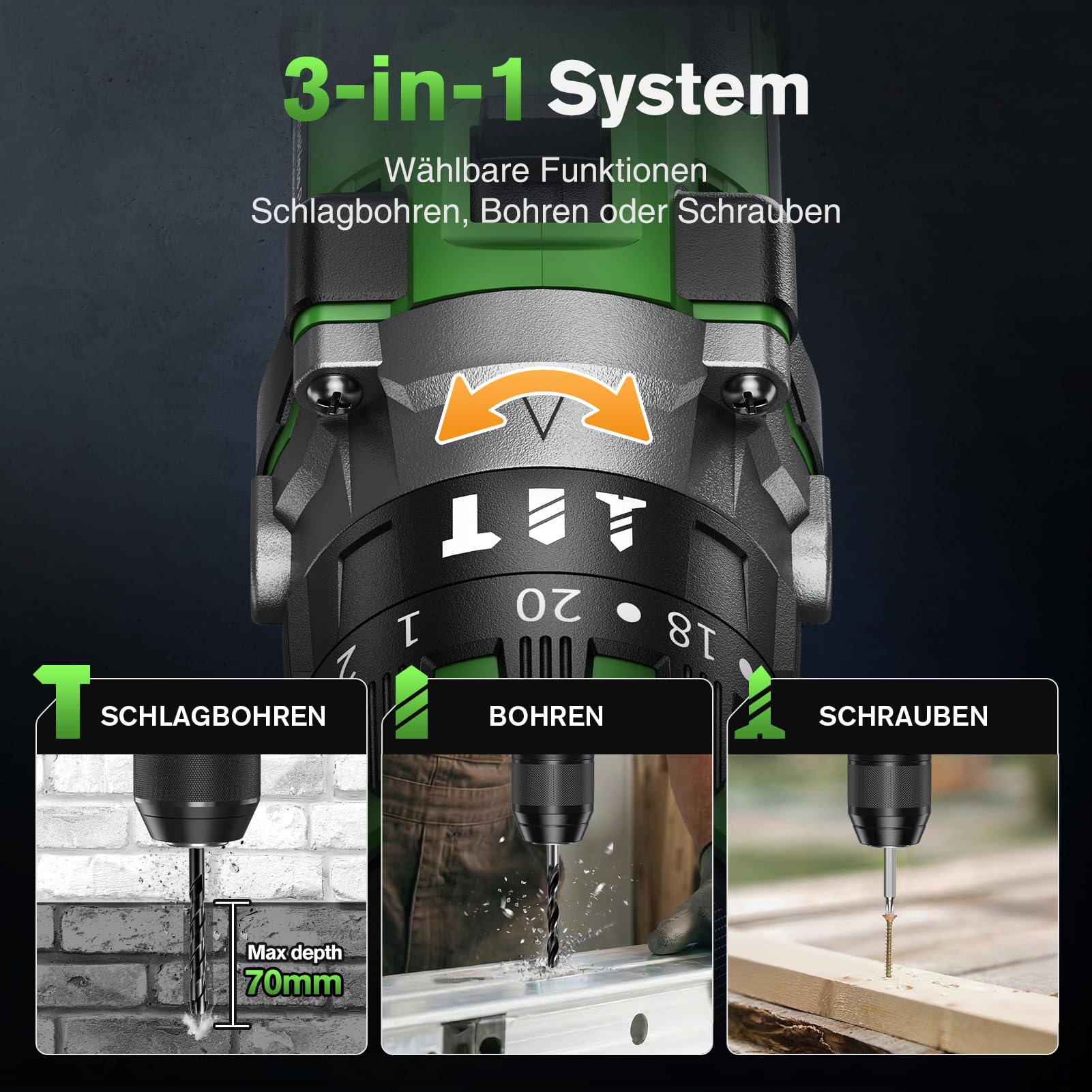 Ginour 21V Bürstenlos Akku Schlagbohrschrauber Set, 90 Nm, 2x2Ah 10C Akku, kompatibel mit Makita 18V Akku &Ladegerät, Schlagbohrfunktion, 22-tlg. Zubehör, 2-Gang, 20+3, 13mm Bohrmaschine Akkuschrauber