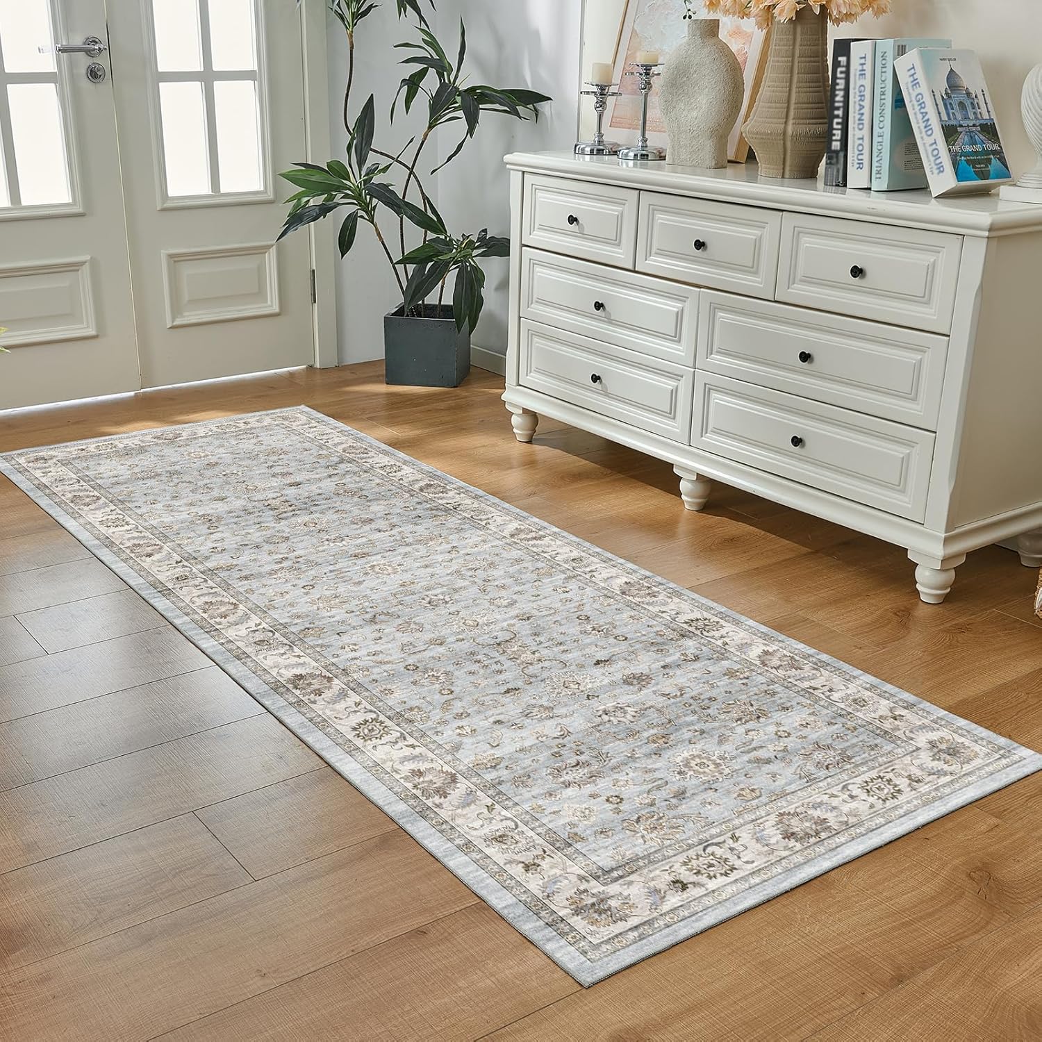 WITSHOCK 3x8 Runner Rugs for Hallway Bathroom: Machine Washable Non Slip Vintage Carpet - Low Pile Lightweight Print Rug for Kitchen Laundry Room Bedroom Beside Rug - Pet & Kids Friendly (Light Blue)
