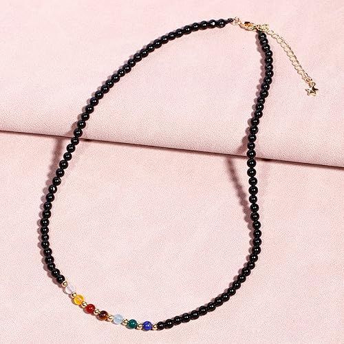 Miniatura 5 de Jewever Gargantilla con cuentas de 7 chakras para mujer, cristales curativos y piedras preciosas de ágata negra, joyería de equilibrio de yoga