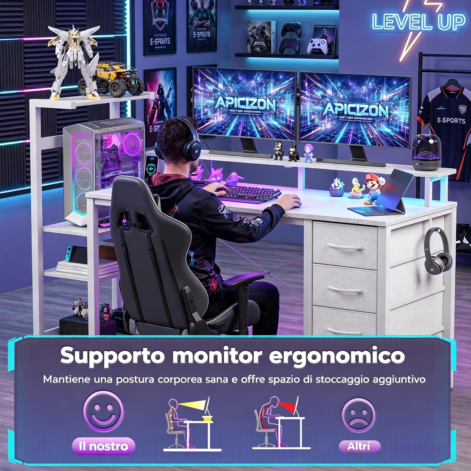 APICIZON Scrivania Gaming 150 cm con Libreria - Scrivania per PC Reversibile con Luci LED RGB, 2 Porte USB, Supporto per Cuffie e Portabicchieri, Effetto Carbonio Bianco
