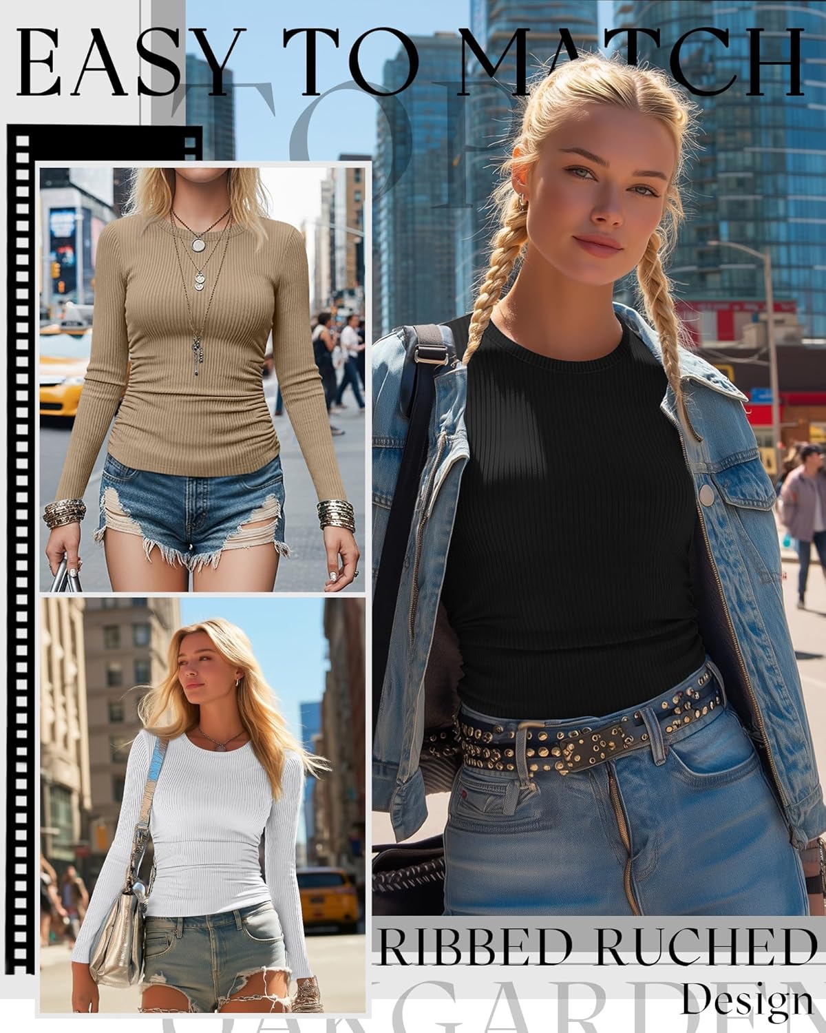 3 Pack Women's Ribbed Long Sleeve Shirts Cotton Crew Neck Ribbed Tops Ruched Slim Fit Undershirts Casual Basic Tee - Image 2