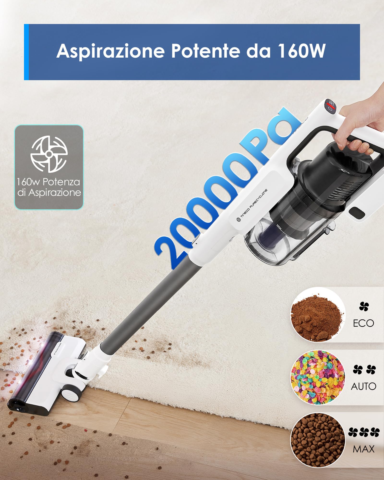 Tineco A30S, Aspirapolvere senza fili, Aspirazione da 160W, Autonomia di 60 minuti, Serbatoio Polvere da 1L, Spazzola ZeroTangle, Tecnologia PureCyclone, Luce LED