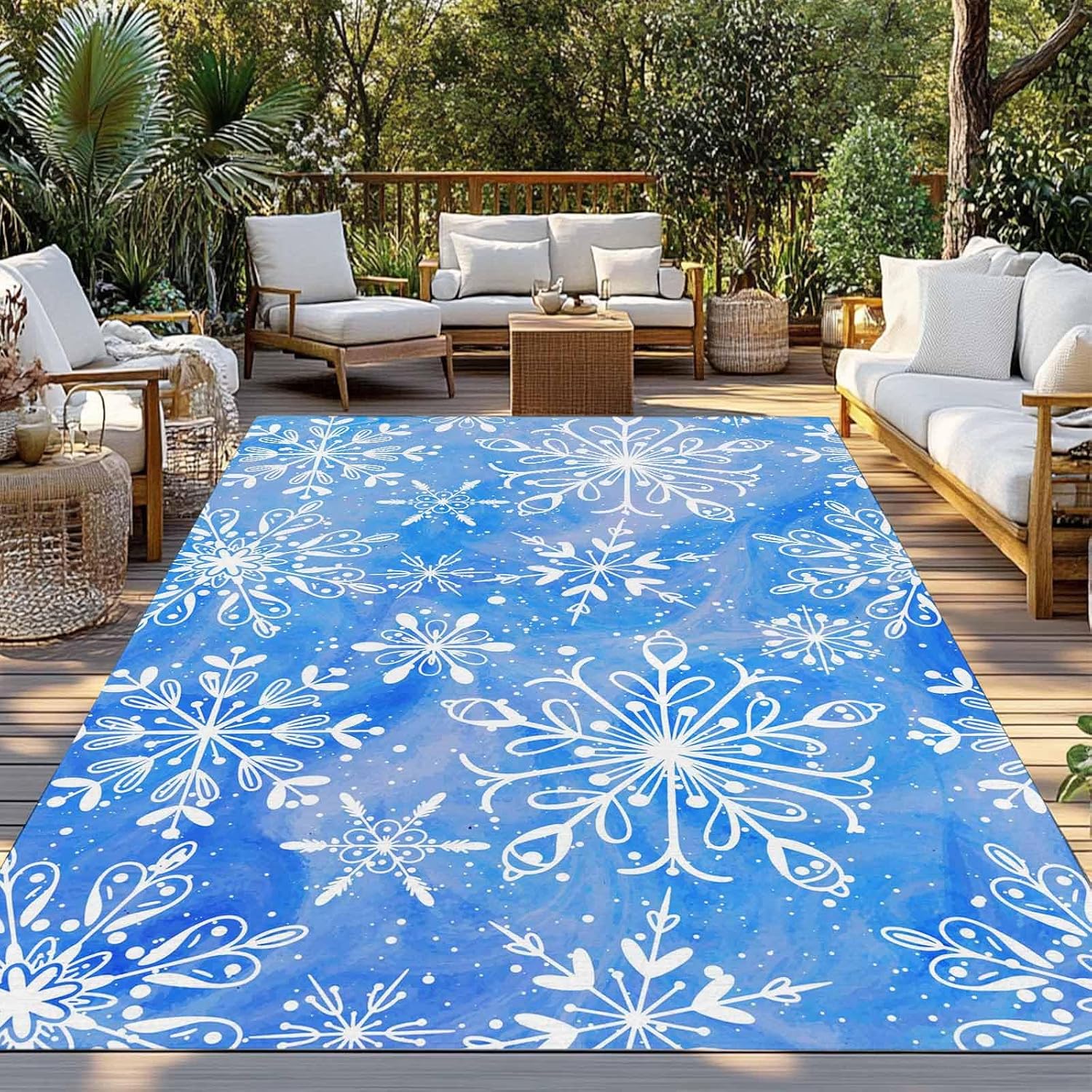 Christmas Outdoor Rug 4x6 ft Snowflake Outdoor Large Area Rug Non Slip Rubber Blue White Winter Snow Front Door Mat RV Rug Camping Carpet Patio Outdoor Rugs for Backyard Balcony Deck Porch Indoor