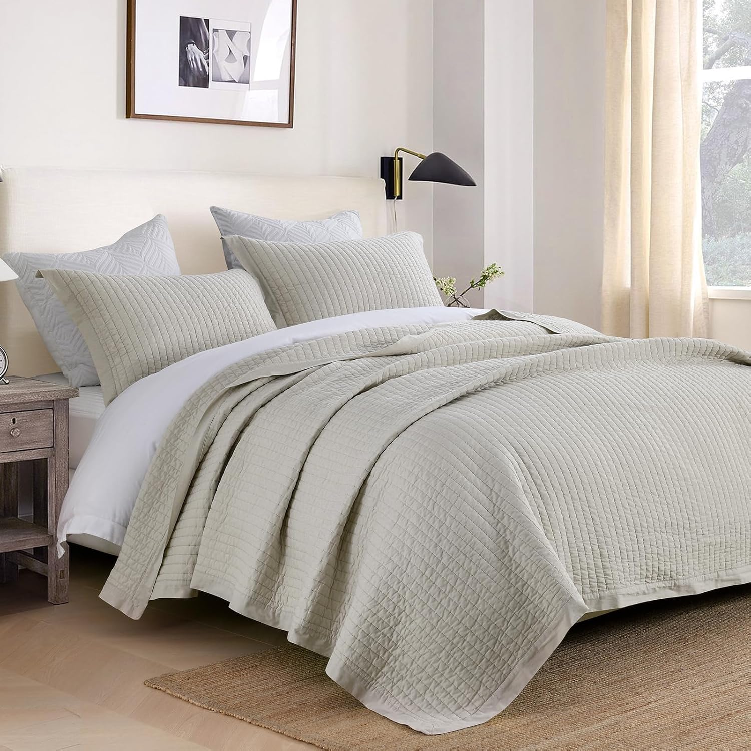 PANGUSHAN Quilt Set Queen Size, 100% Cotton Quilt Bedding Set Bedspread, Pick-Stitch Handcrafted Solid Color Chic Lightweight Quilted Comforter for Queen Bed, Light Beige, All Season, 3 Pieces
