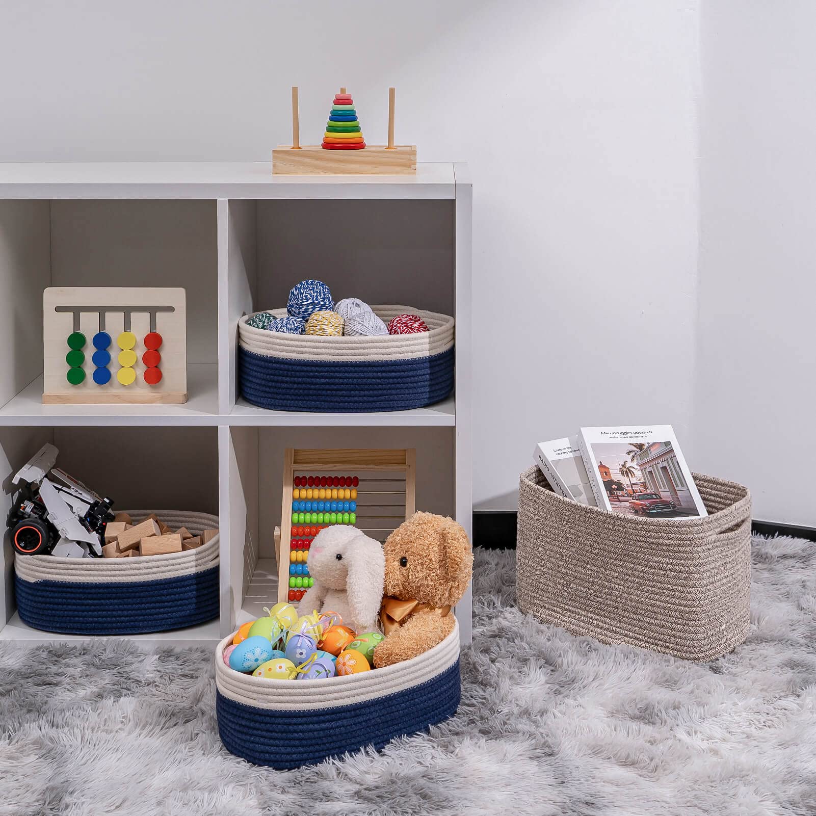 Kriitools Off White&Navy Shelf Basket to Store and Organize Household Items/Baskets&Bins for Daily Storage &Organizing/Woven Rope Basket for Living Room, Bedroom,Small Oval-13x8.66x5.11’’,3 Packs