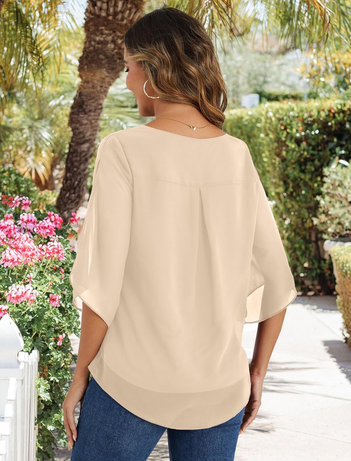 Neineiwu Womens 3/4 Ruffle Sleeve Tunic Tops V Neck Dressy Casual Chiffon Blouses for Women Summer Trendy Work Shirts - Image 5