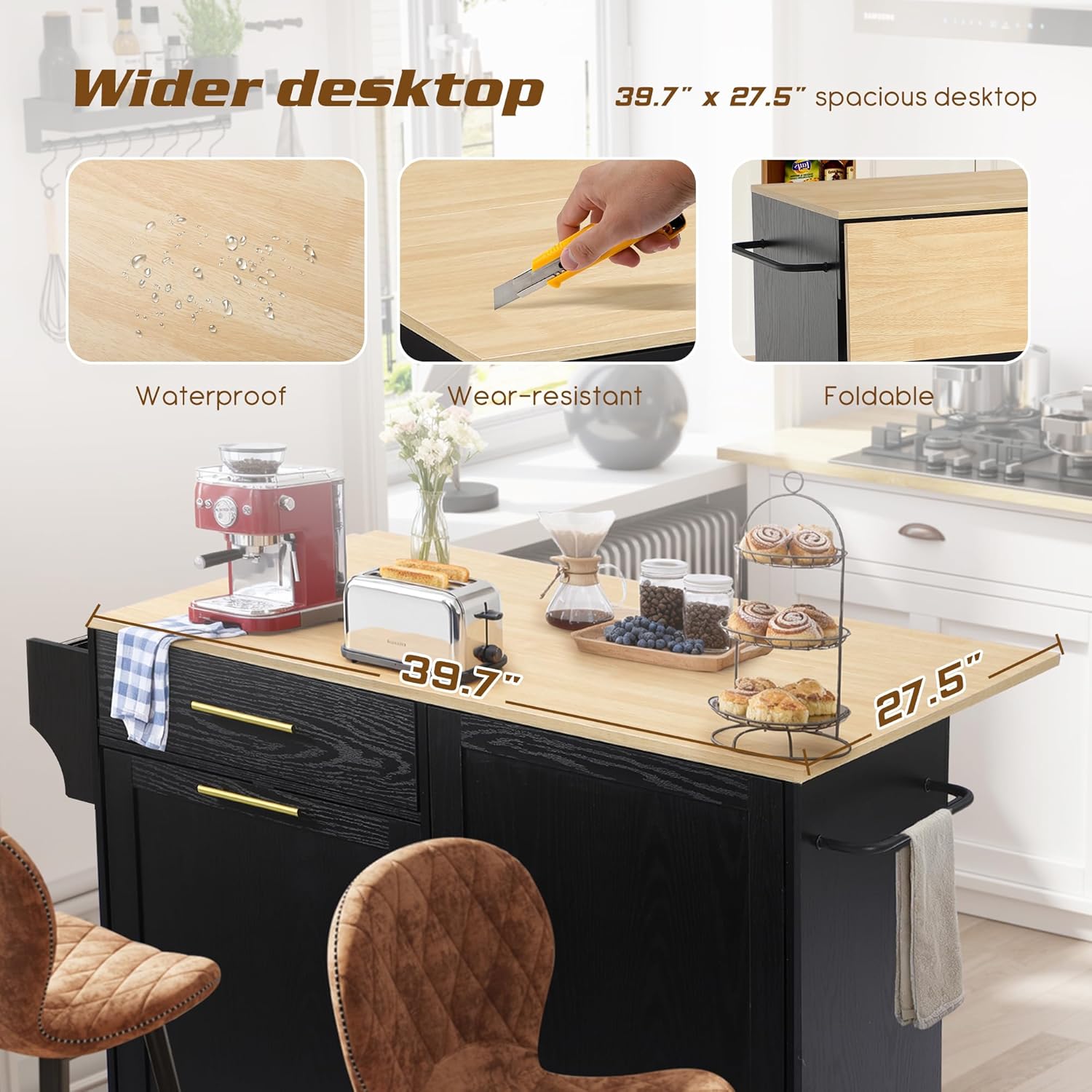 48" Kitchen Island with Trash Can Storage & Drop Leaf, Rolling Kitchen Island Table Cart with Spice/Towel Rack, Portable Kitchen Cabinet Bar Carts on Wheels with Drawer for Dining Room (Black)