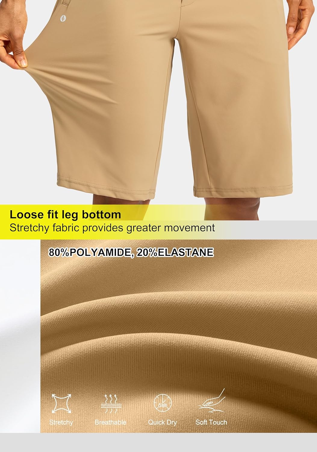 SANTINY Womens 12" Bermuda Shorts Knee Length with Pockets High Waisted Stretchy Summer Walking Modest Long Shorts for Women (Khaki_L) - Image 5