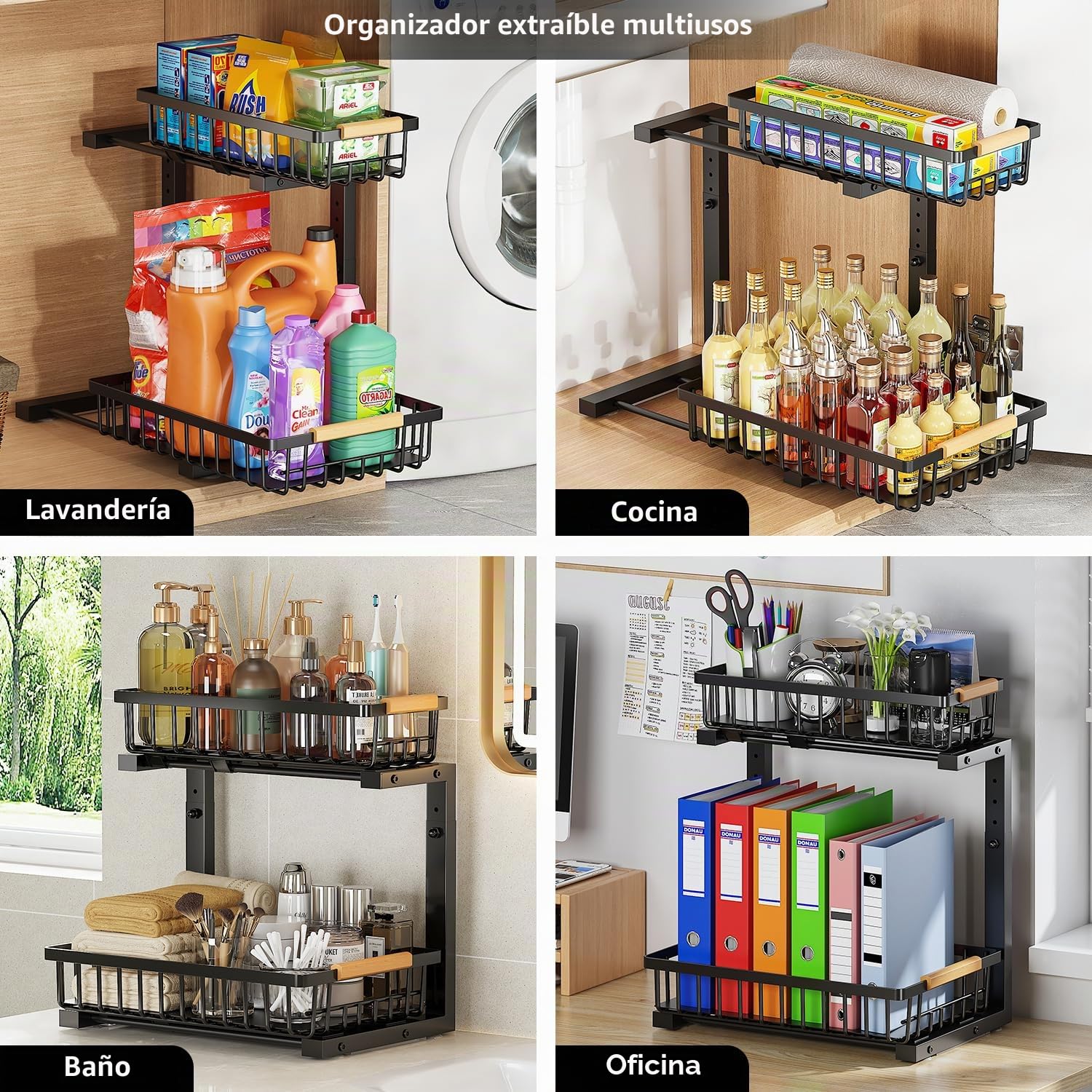 Organizador Bajo Fregadero 2 Niveles con Cajones Deslizantes 42.5cm Altura Regulable Estante Almacenamiento Debajo Fregadero Organizador Cocina Multifuncional Forma de L para Cocina, Baño