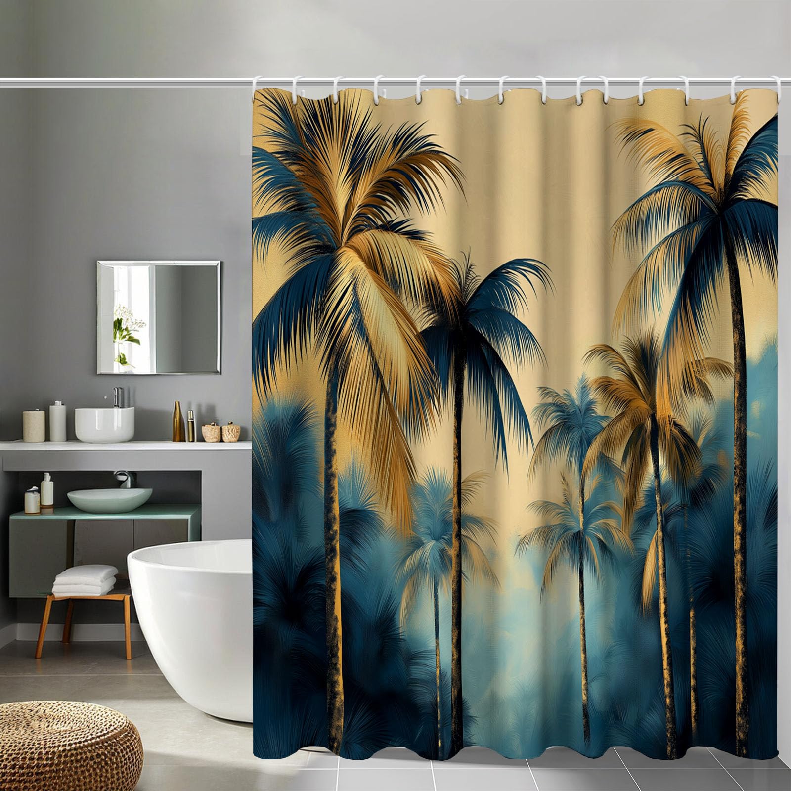Rideau douche palmeraie bleu et jaune pour une ambiance de bain onirique et relaxante