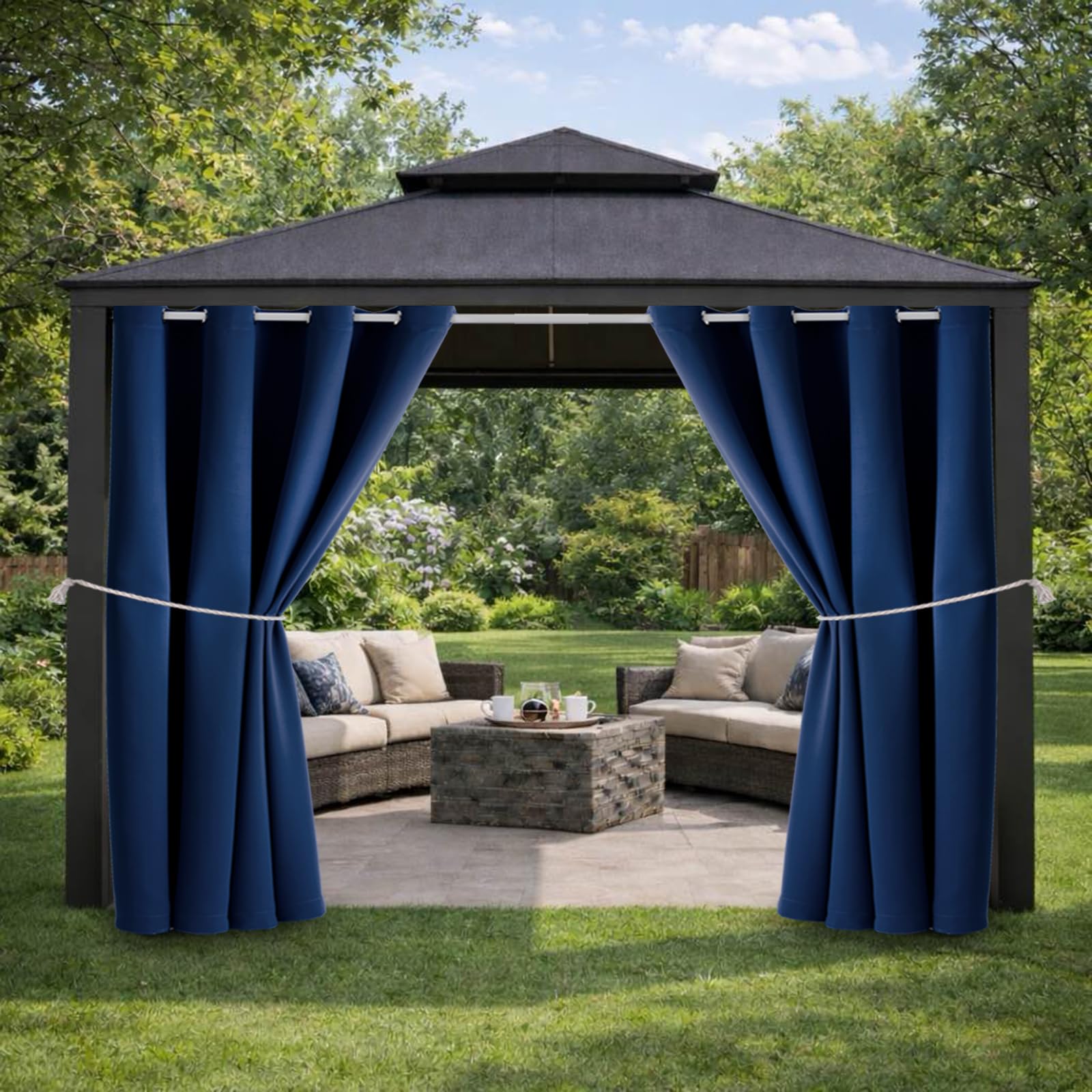 Photo 1 of Waterproof Outdoor Curtain W52 x L84 - Grommet Top Sunlight Blocking Window Treatment Drapes Blackout Curtains for Home Bedroom Living Room Outdoor Patio Porch Pergola Cabana Gazebo (Navy, 2 Panels)